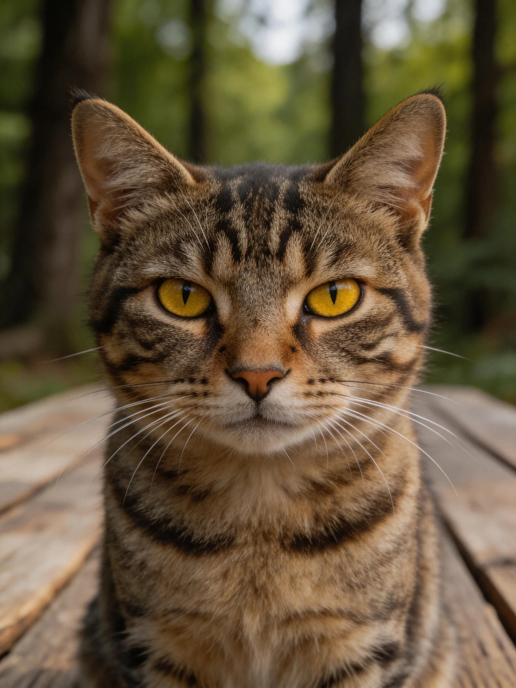 Brown tabby cat with yellow eyes sits on wooden surface outdoors.