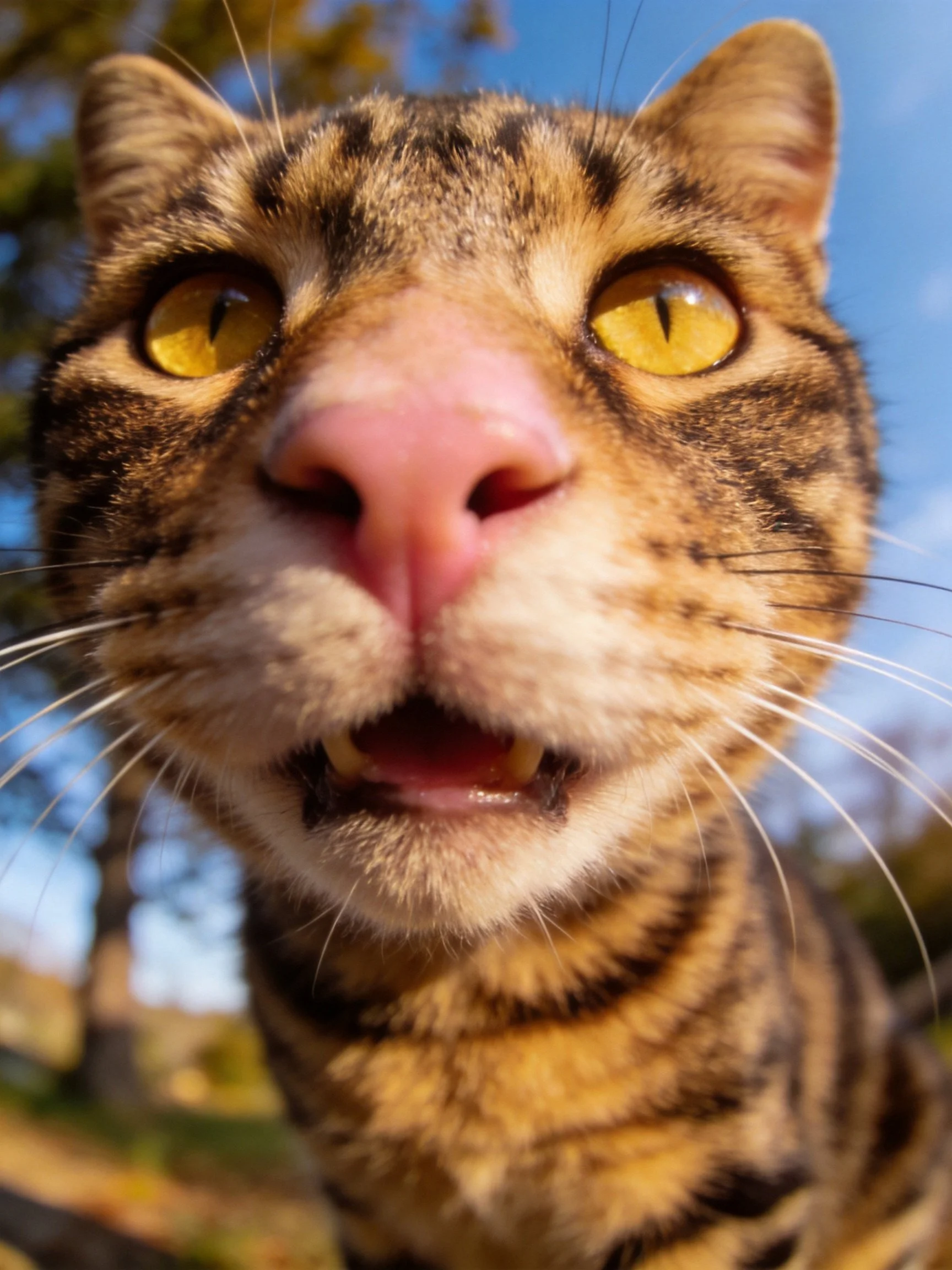 A close-up reveals a brown tabby cat with vivid yellow eyes.