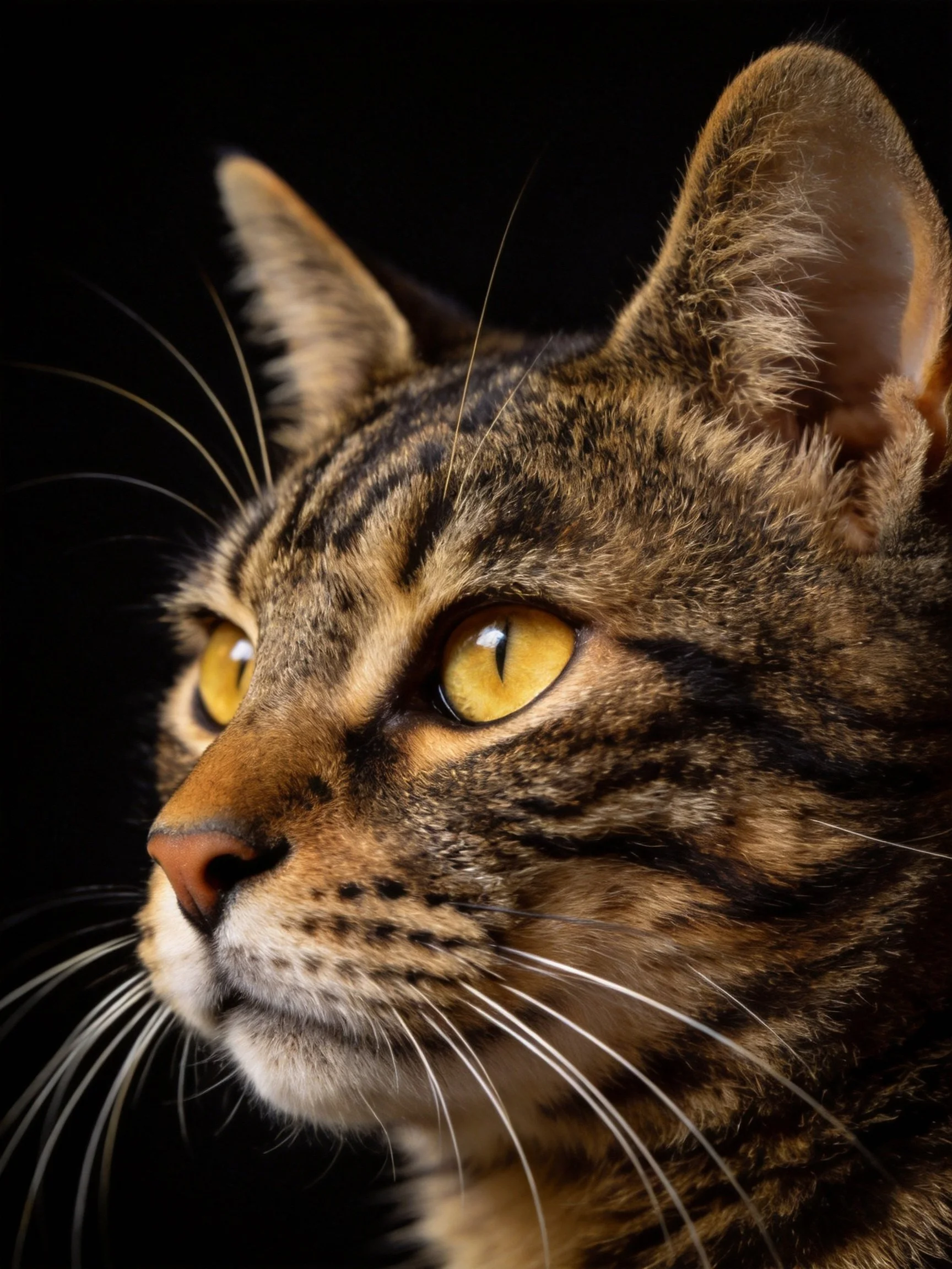 A close - up reveals a brown tabby cat with vivid yellow eyes against a dark backdrop.