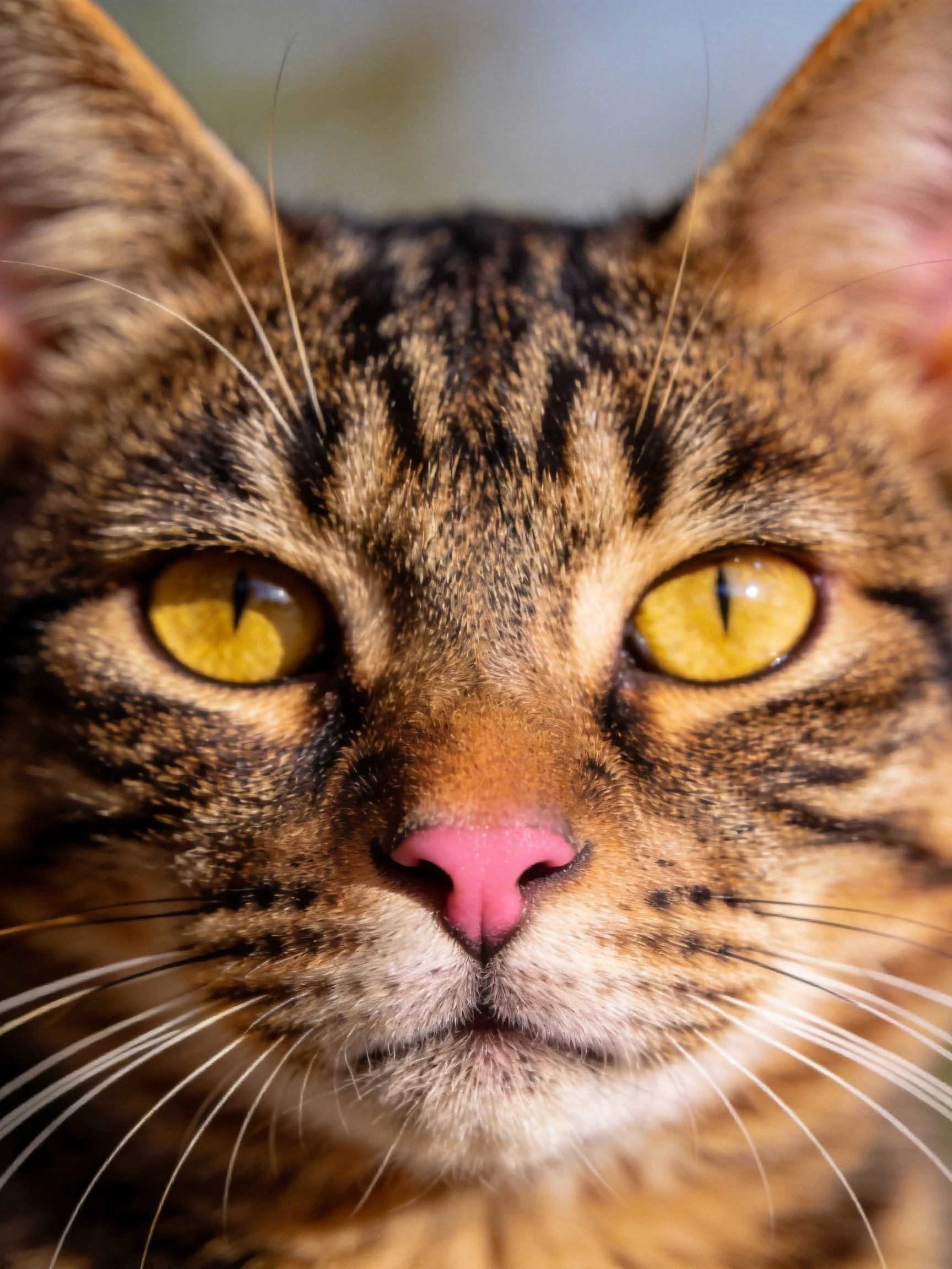 Close - up of a brown tabby cat with bright yellow eyes