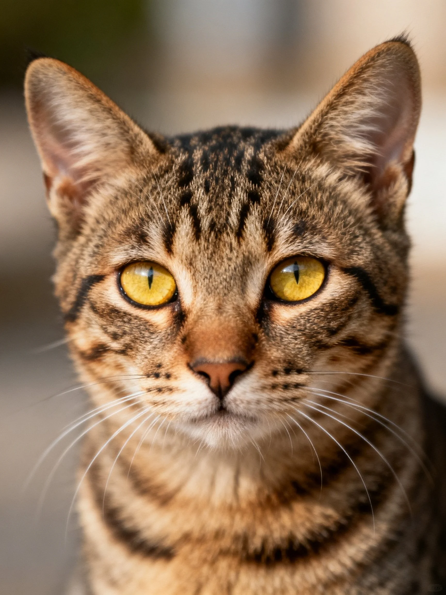 Close - up of a brown tabby cat with bright yellow eyes