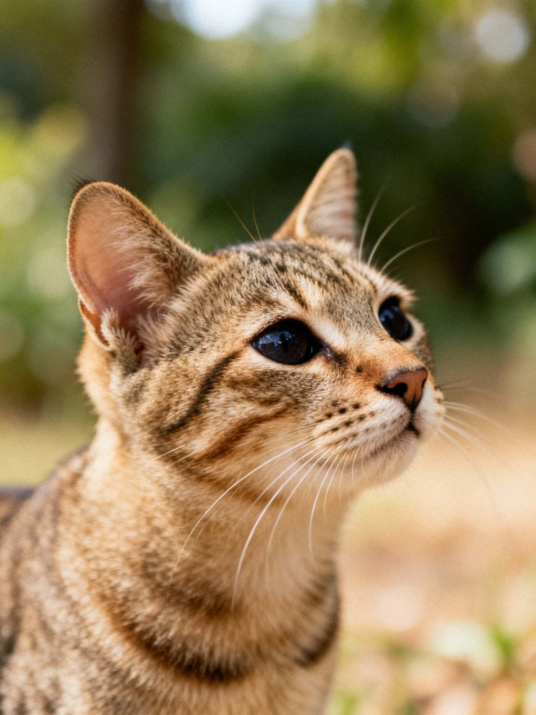 Close - up of a brown tabby cat with dark eyes in nature