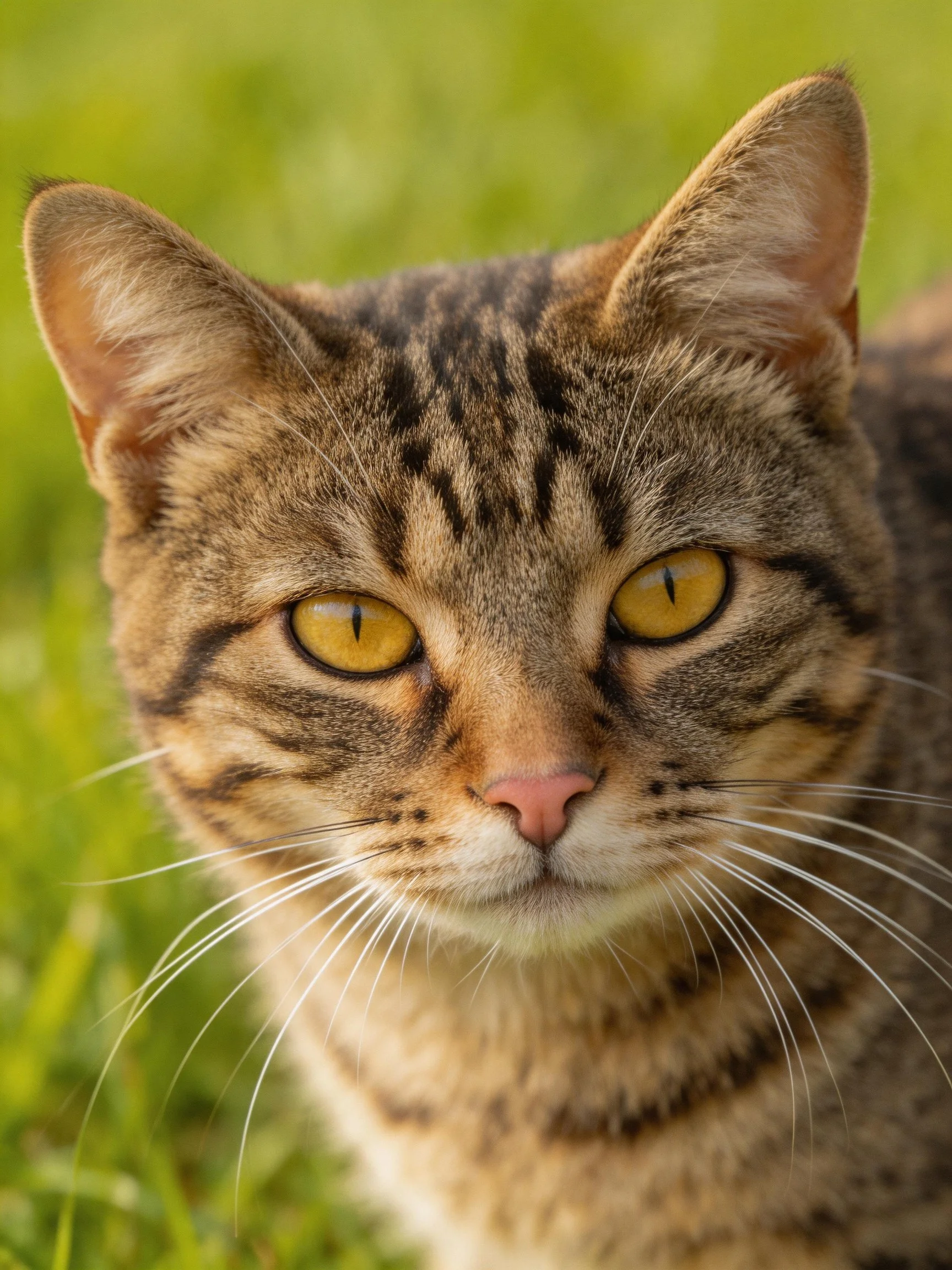 A brown tabby cat with golden eyes is shown up close near greenery.