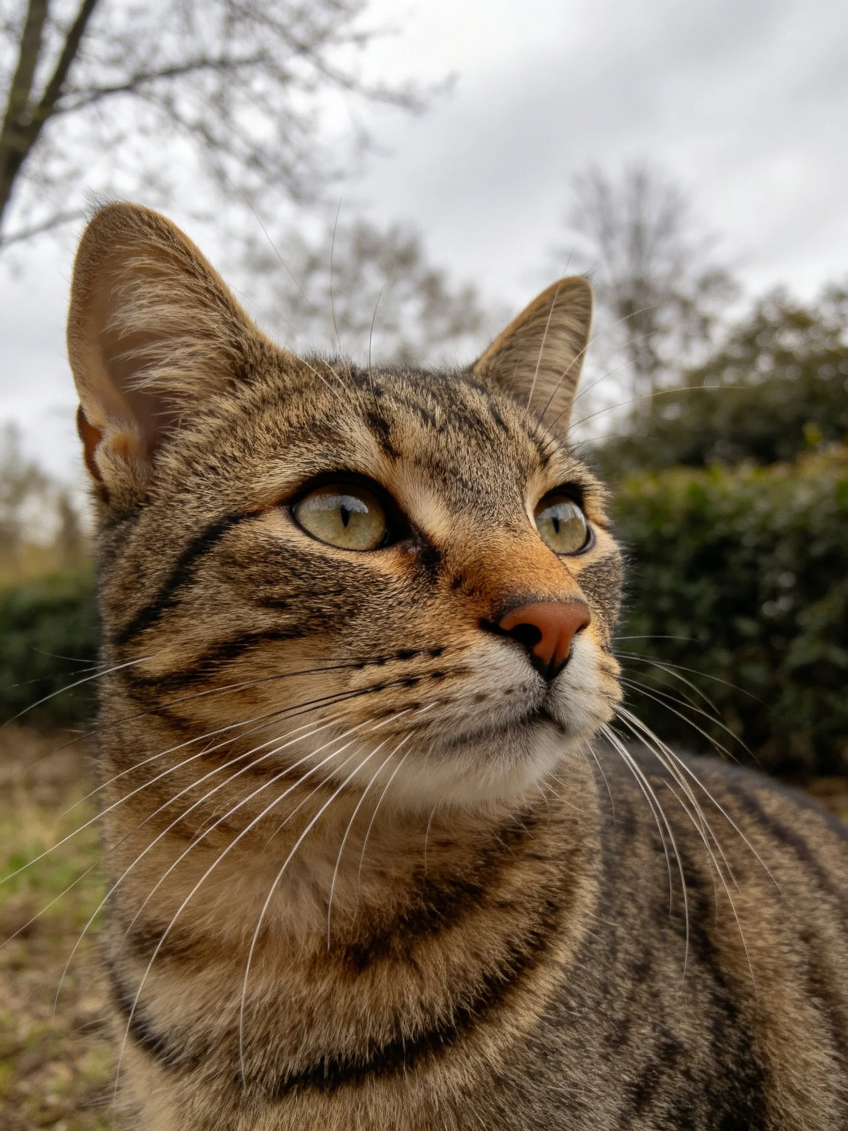 A brown tabby cat with green eyes gazes attentively in an outdoor environment.