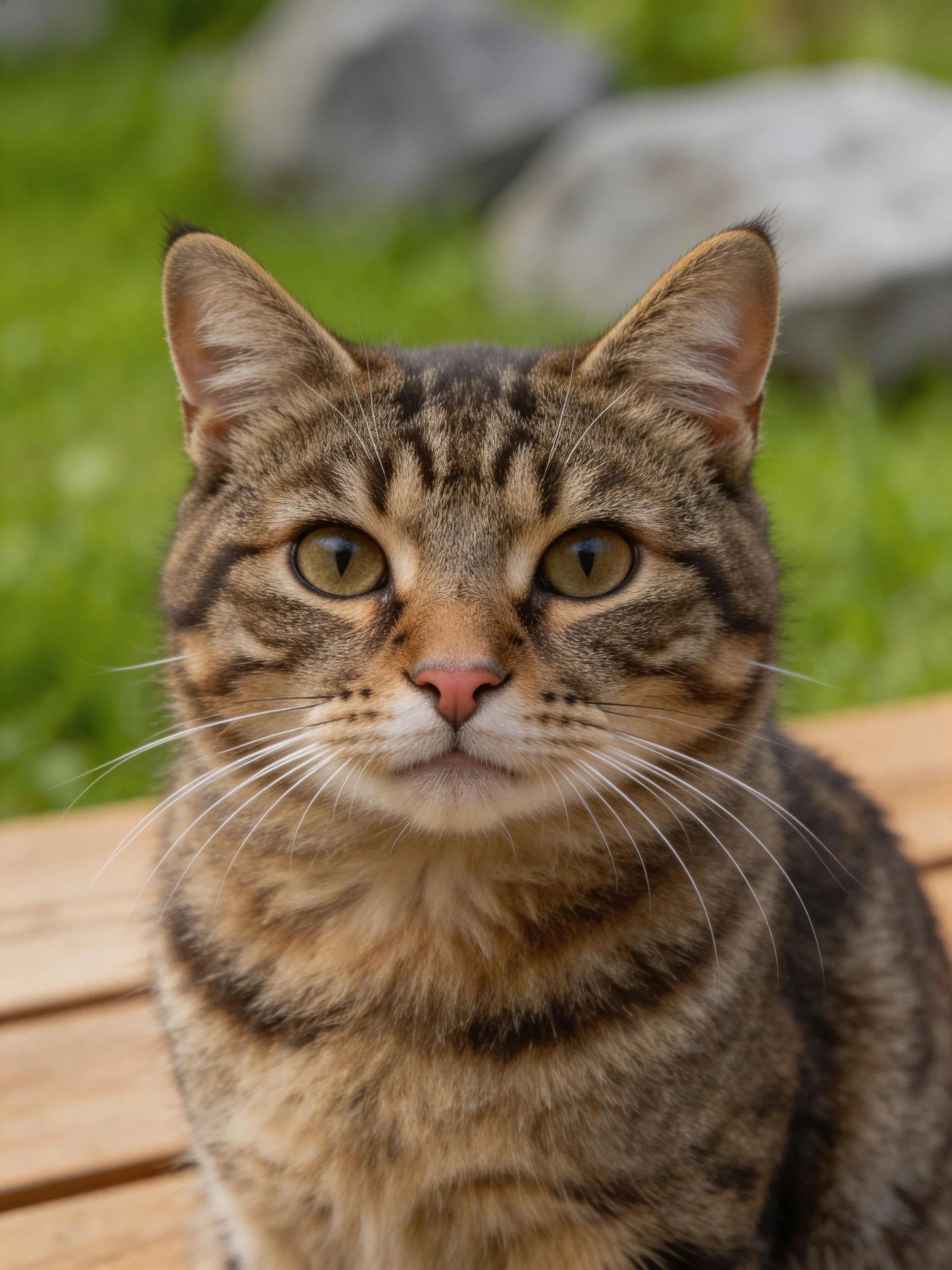 A brown tabby cat with green eyes sits on a wooden surface in an outdoor setting.