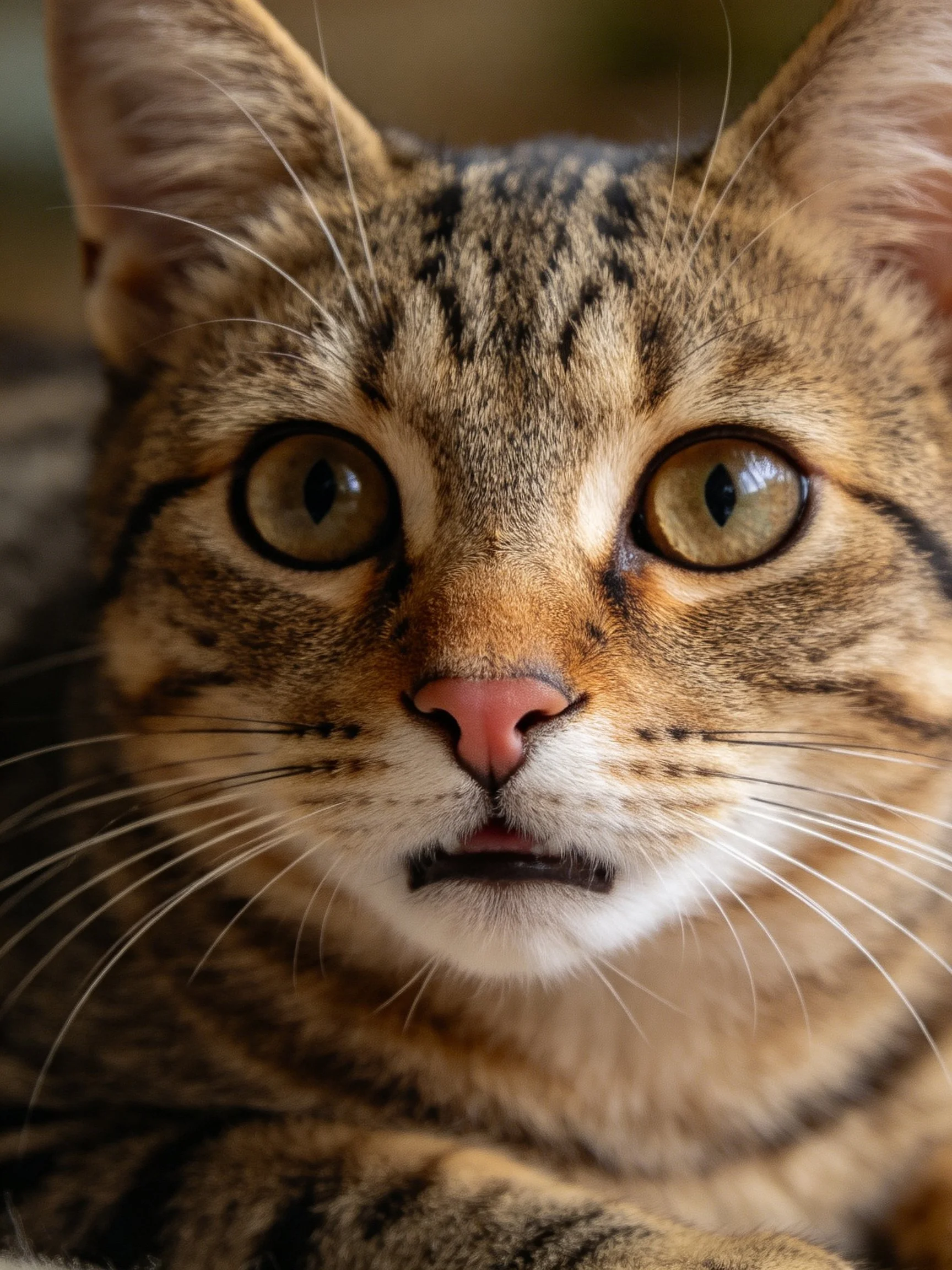 A brown tabby cat with large green eyes intently gazes at the camera.