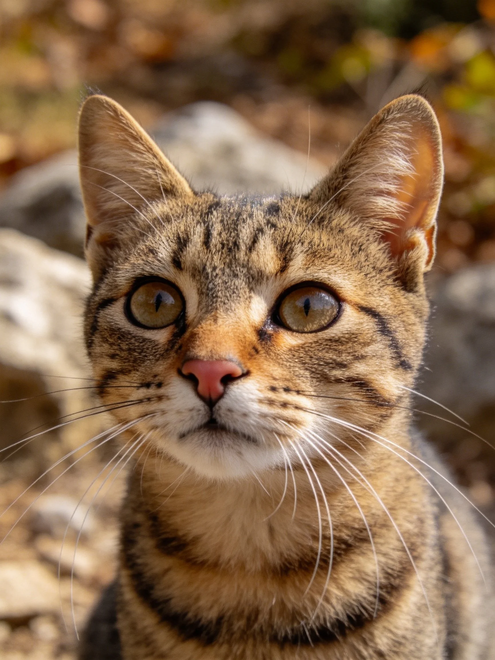 Brown tabby cat with large green eyes photographed up close.