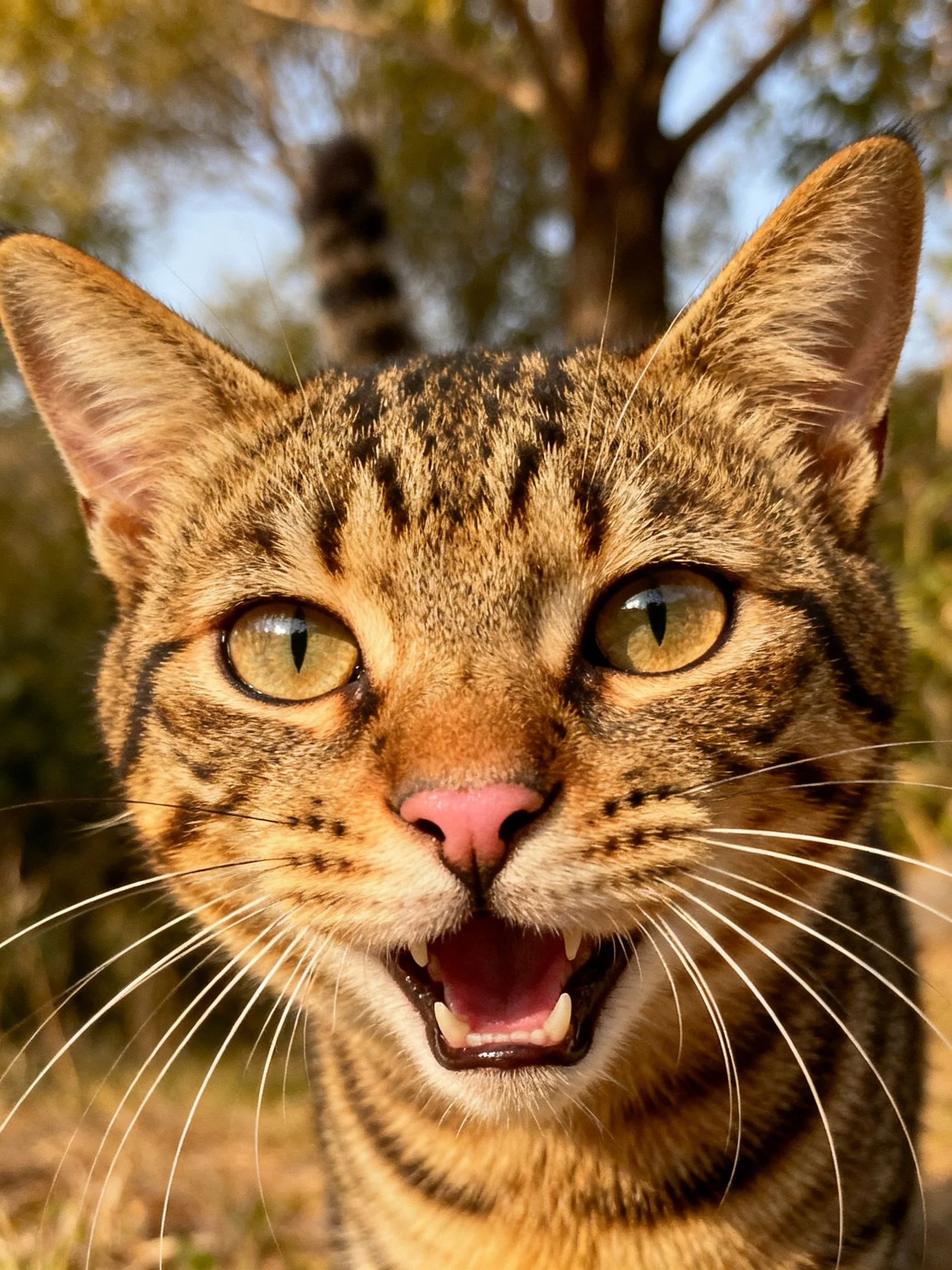 A brown tabby cat with wide eyes is photographed up close in a natural outdoor setting.