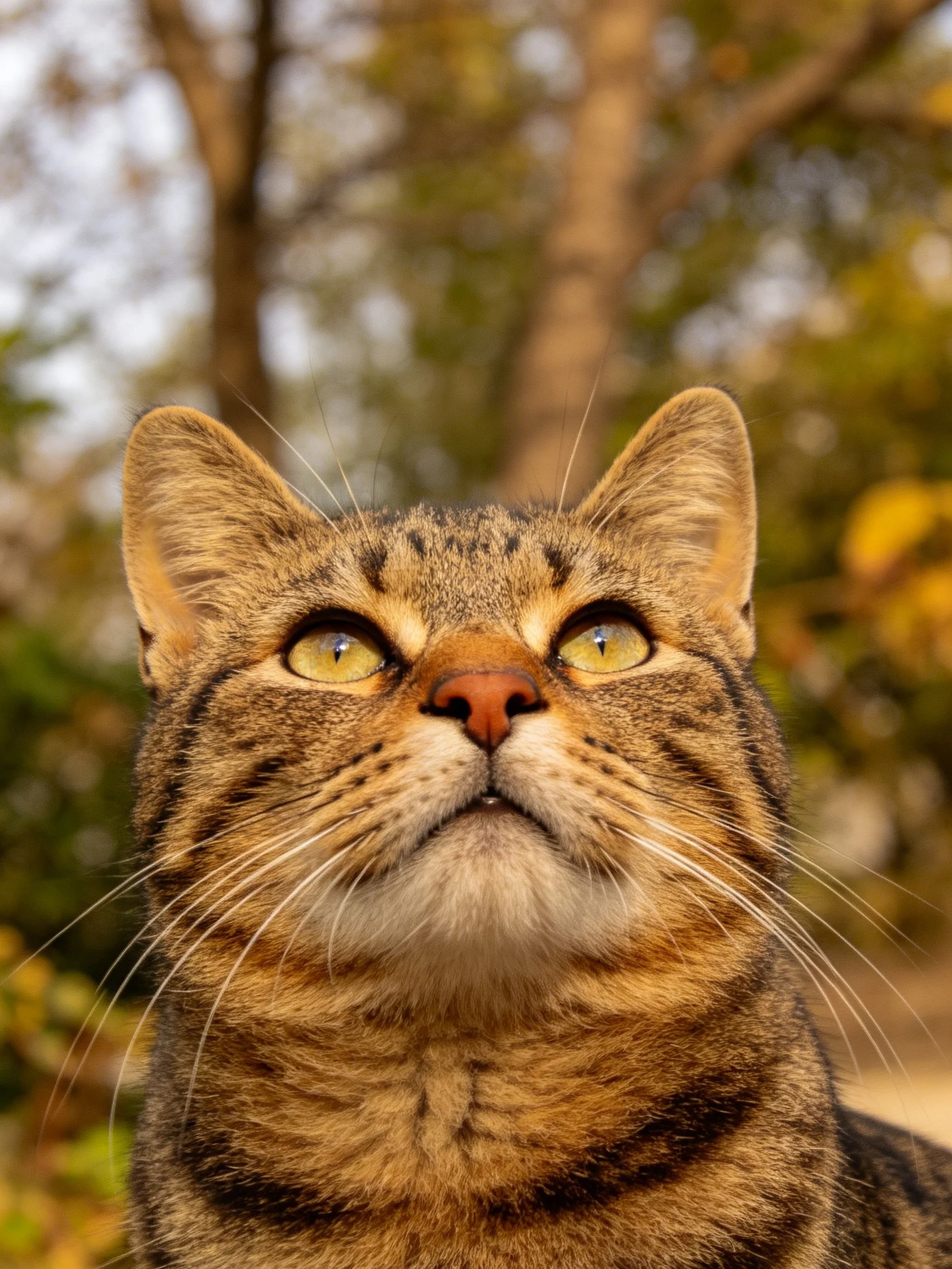 A brown tabby cat with yellow eyes gazes upward near trees.
