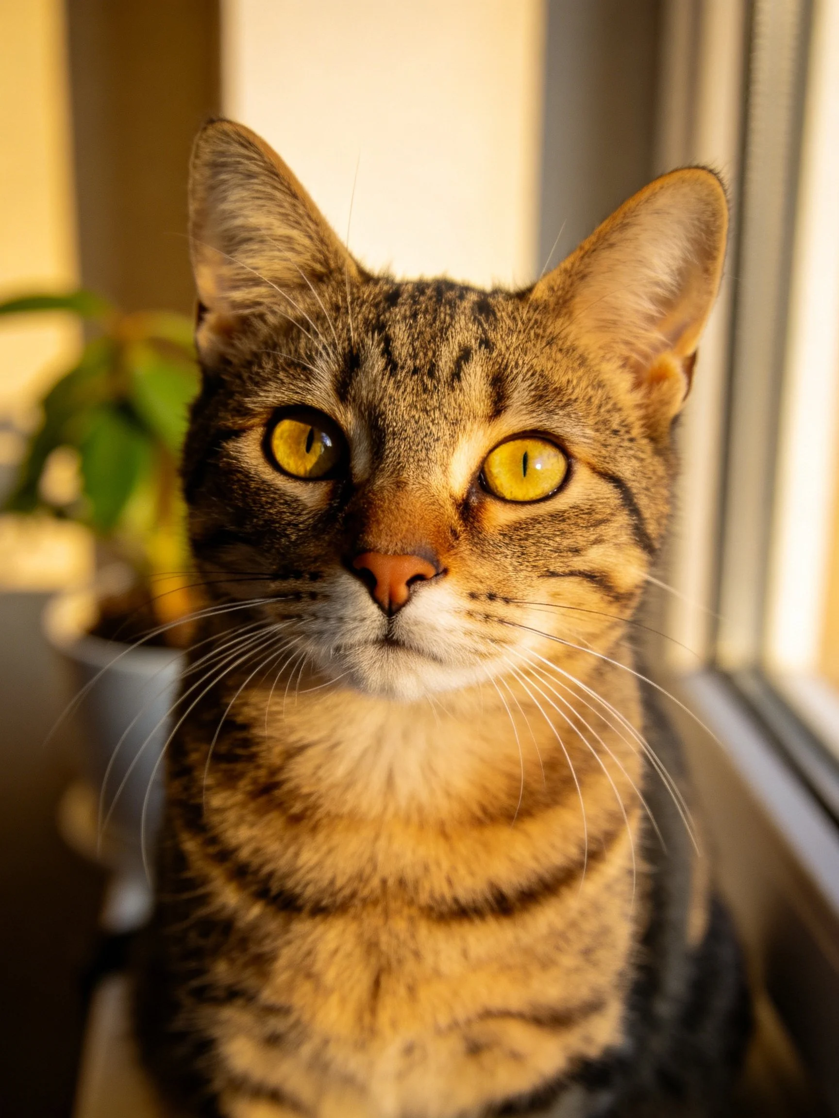 Close-up of a brown tabby cat with yellow eyes by a sunlit window