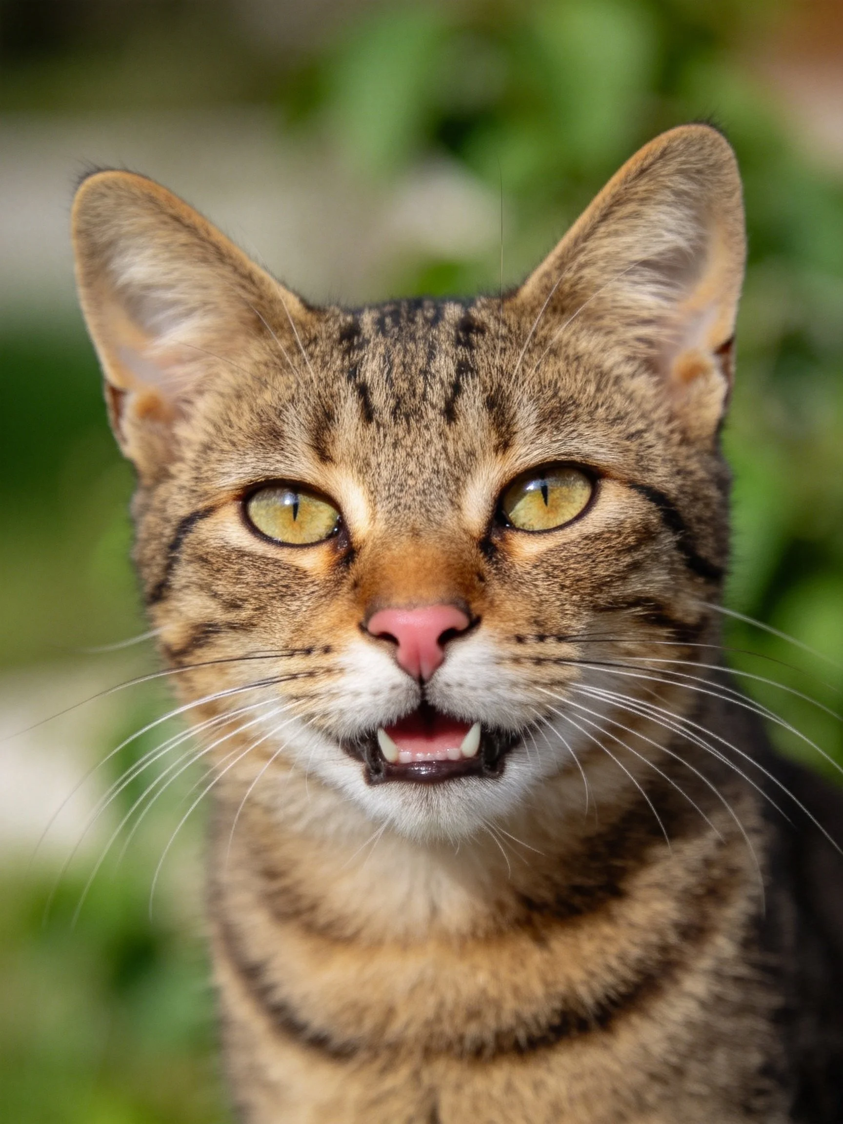 A close-up of a brown tabby cat with yellow-green eyes in an outdoor setting