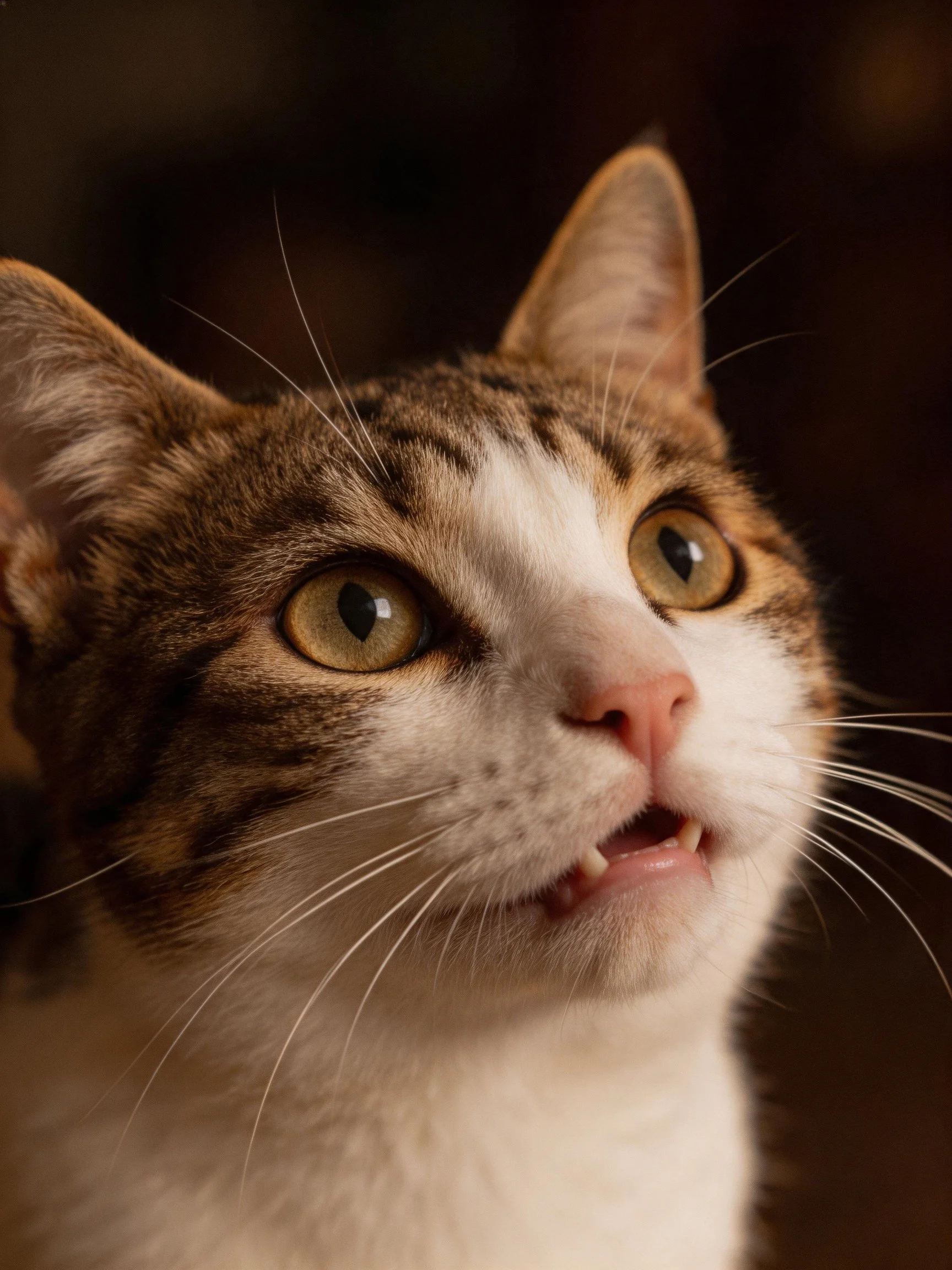 A close - up of a cat with wide eyes and distinct fur markings.