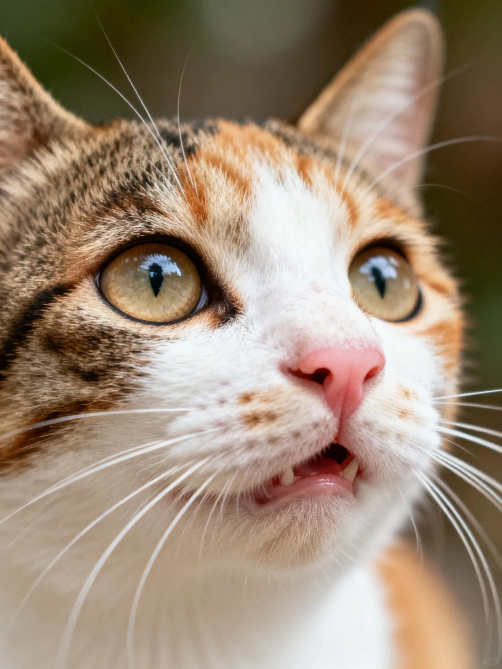Close - up of a calico cat with amber eyes and pink nose