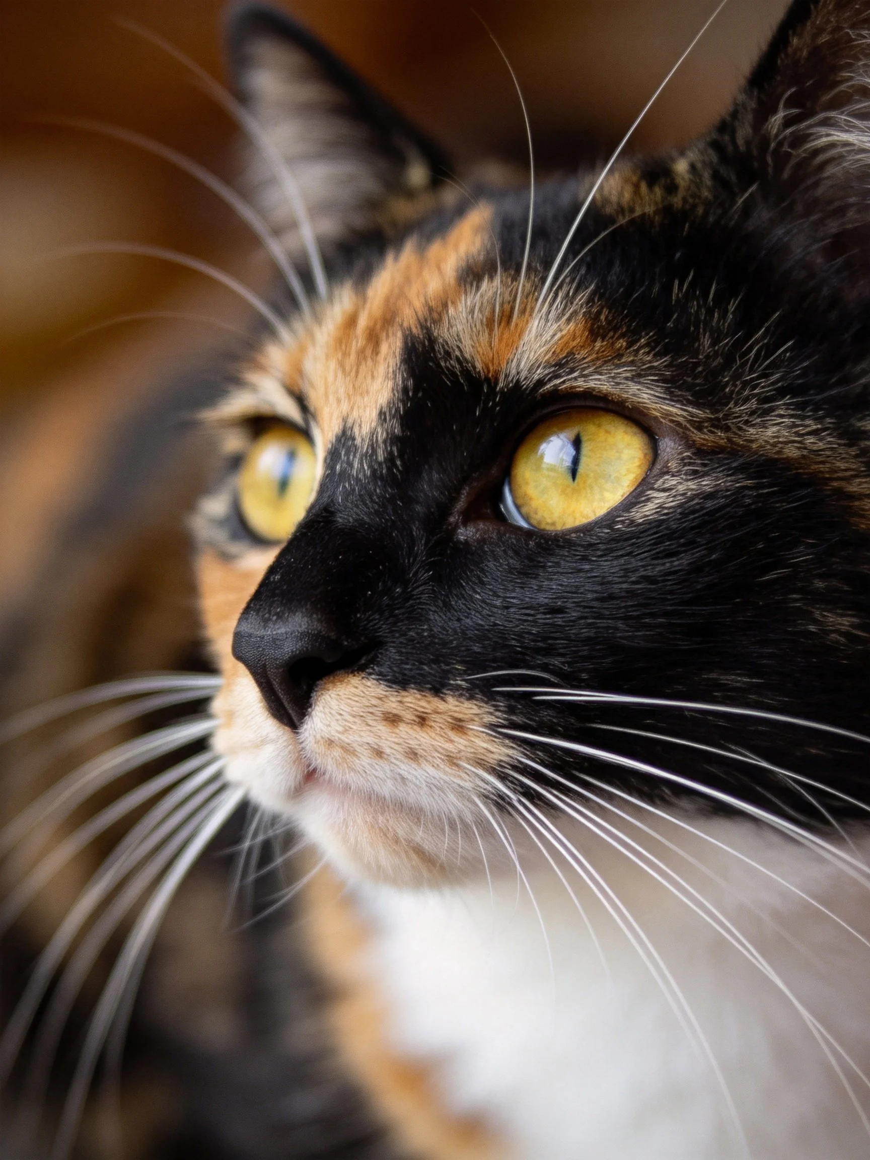 A close-up of a calico cat with bright yellow eyes.