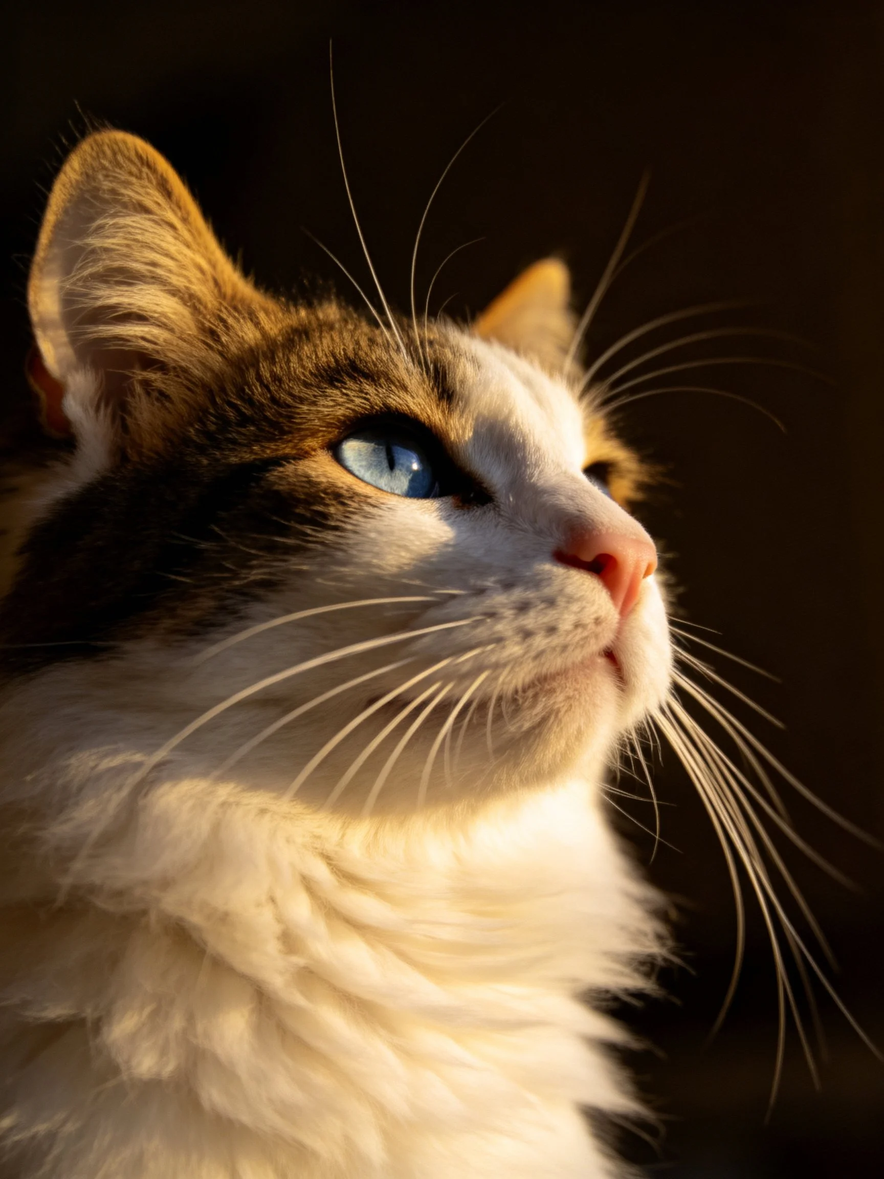 Close - up of a calico cat with blue eye and golden lighting