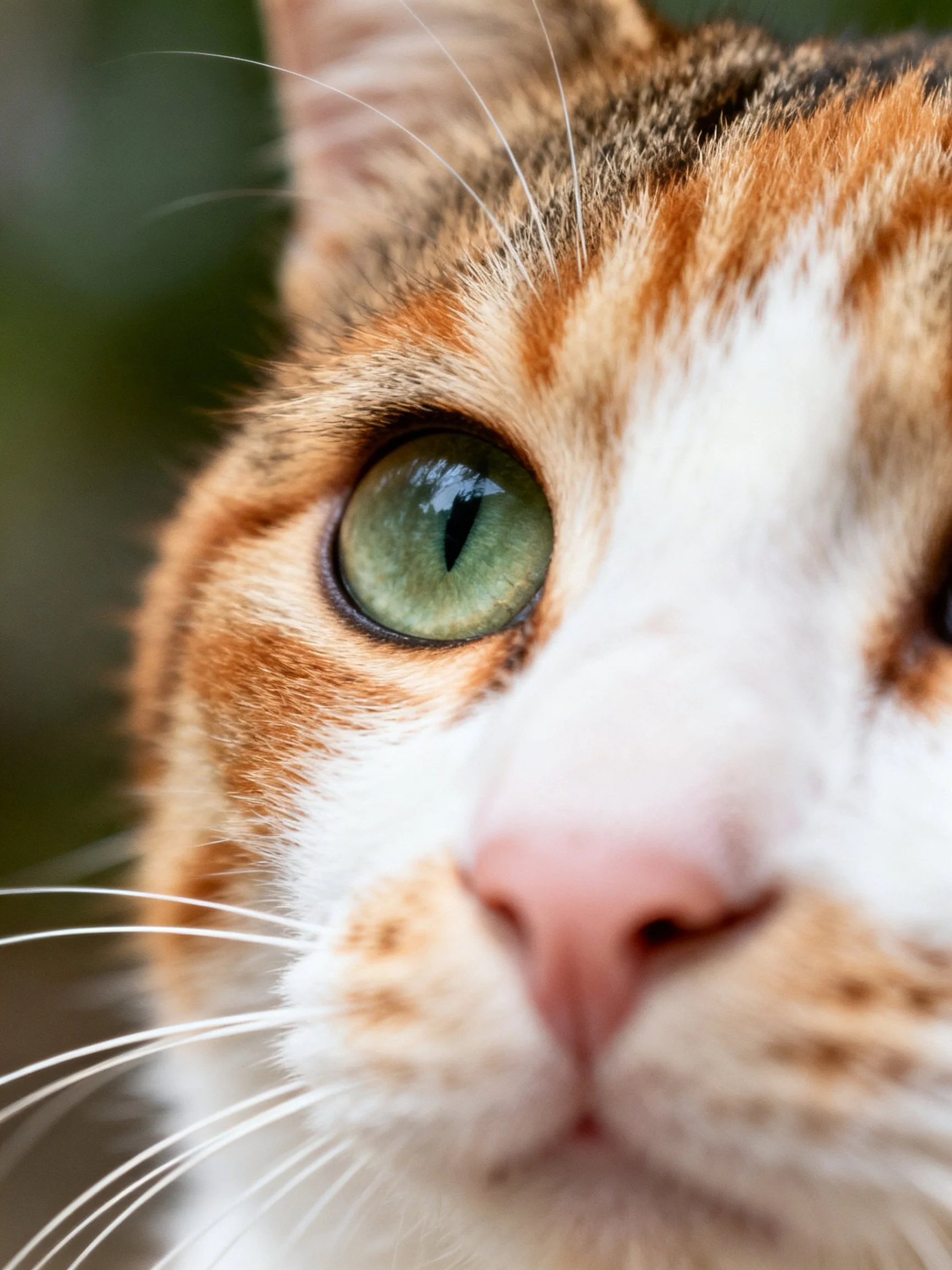 Close - up of a calico cat with bright green eye and orange - white fur
