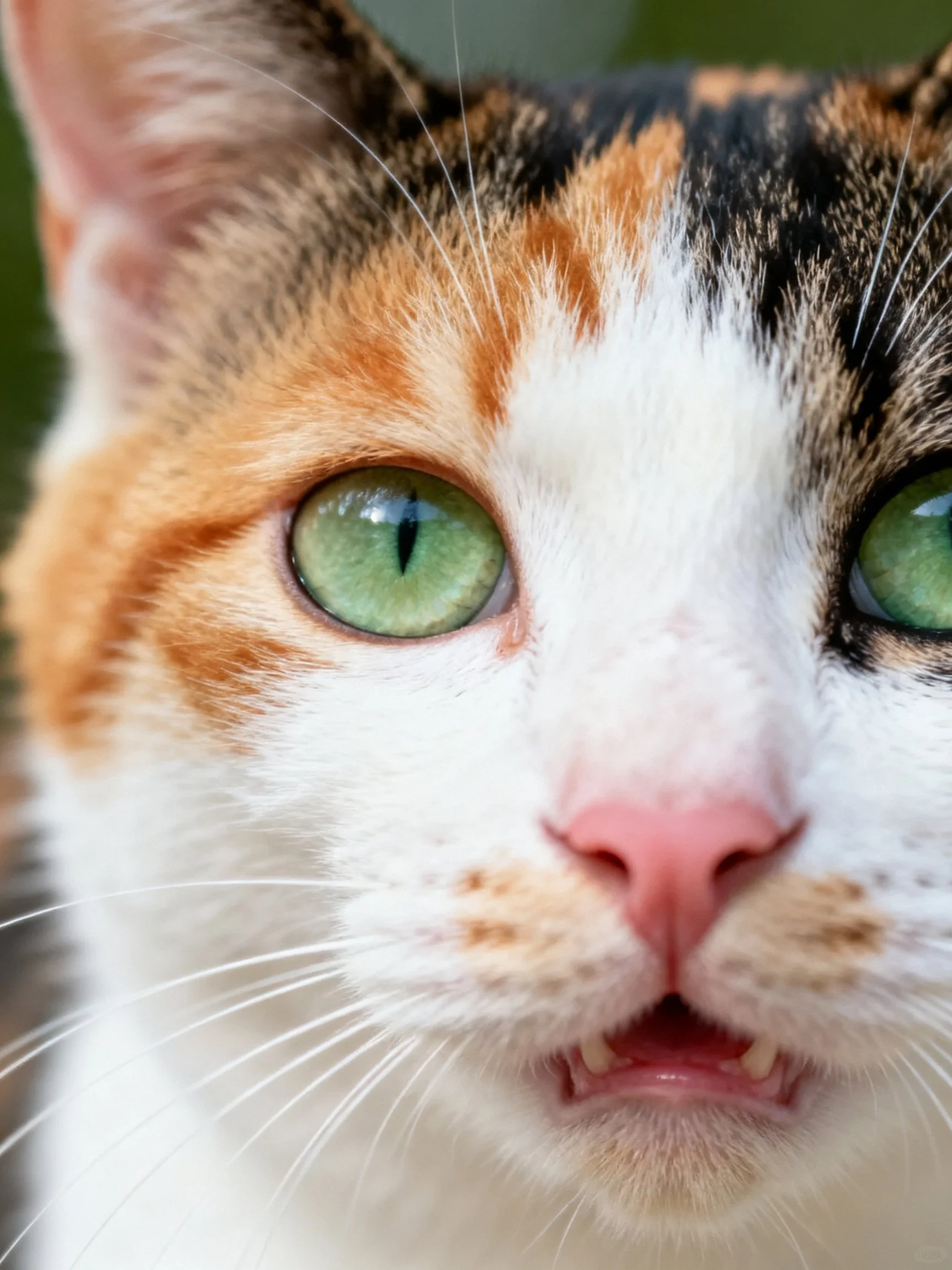 Close-up of a calico cat with bright green eyes