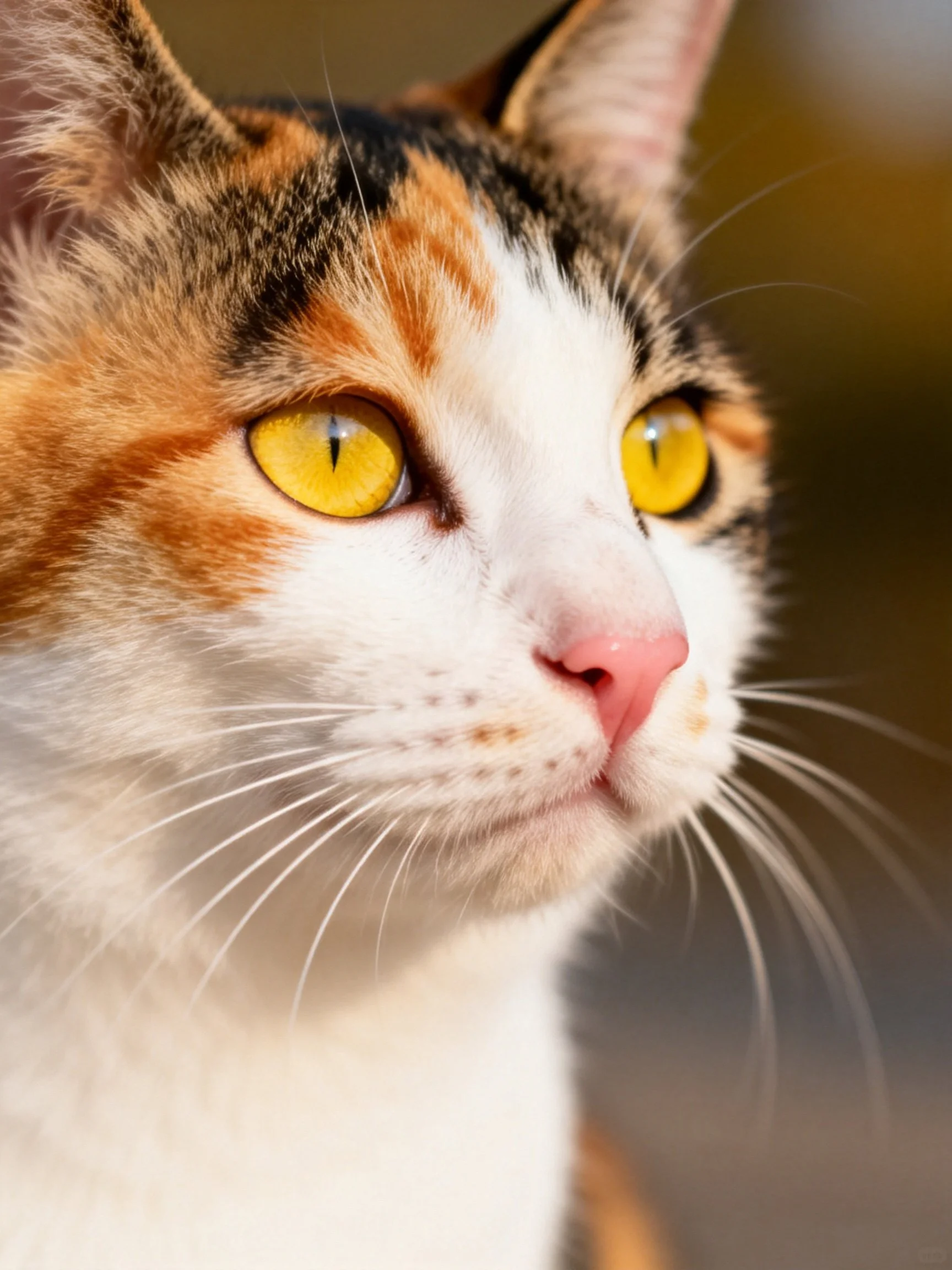 A close-up shows a calico cat with striking yellow eyes.