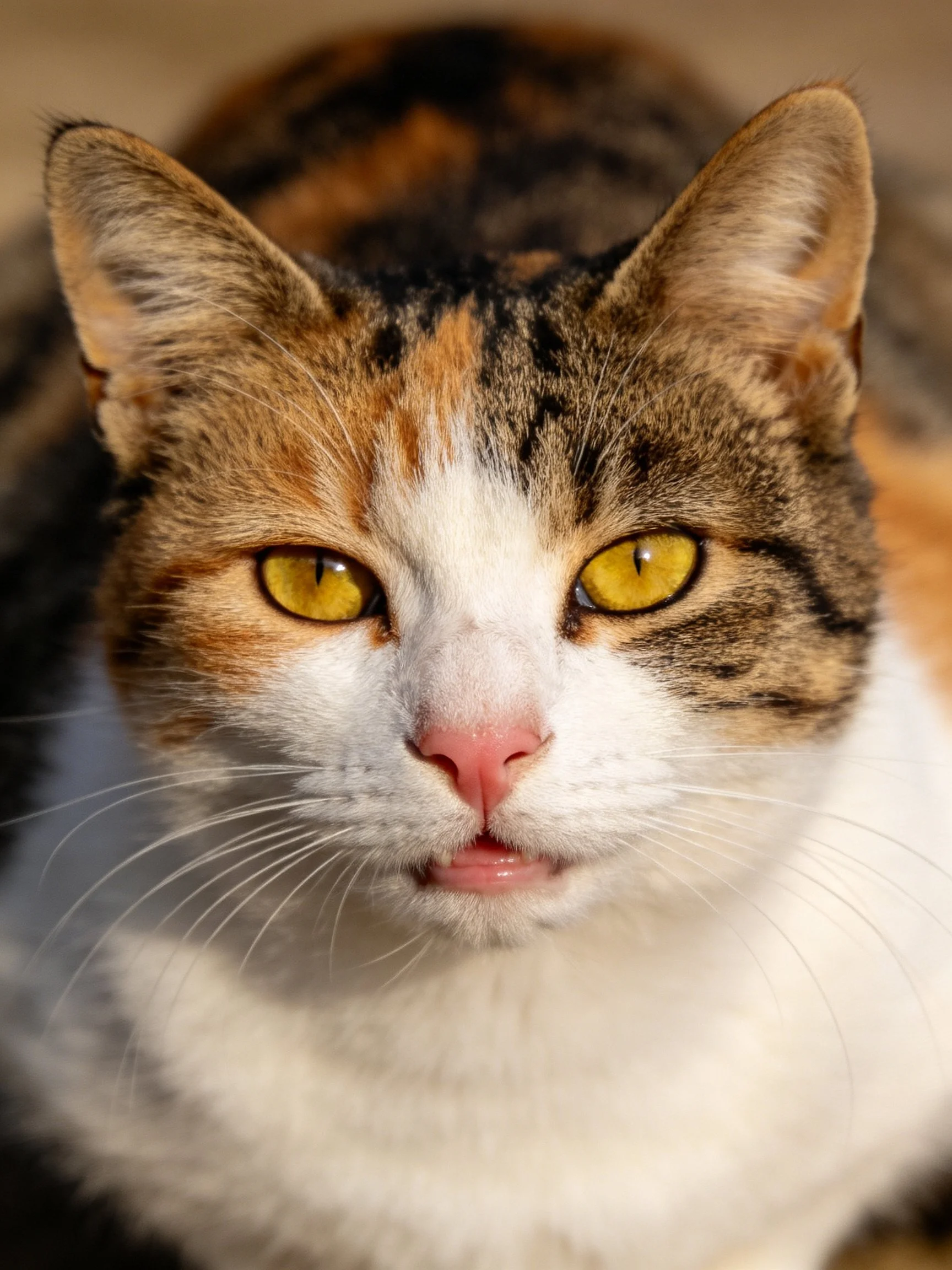 A calico cat with vivid yellow eyes is captured in a close - up photograph.
