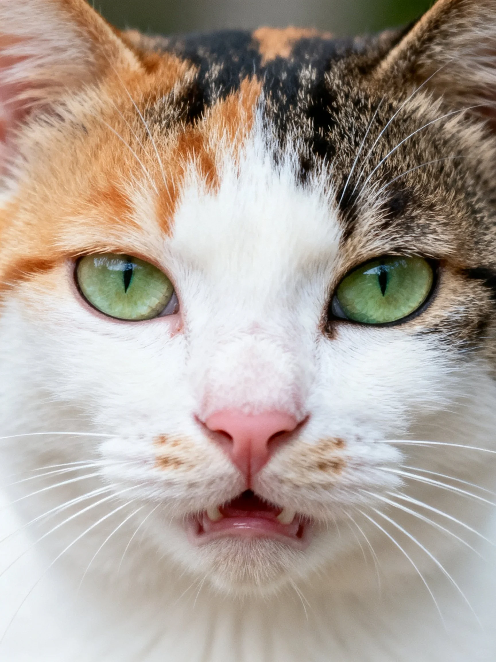A close - up shows a calico cat with green eyes and various colored fur.