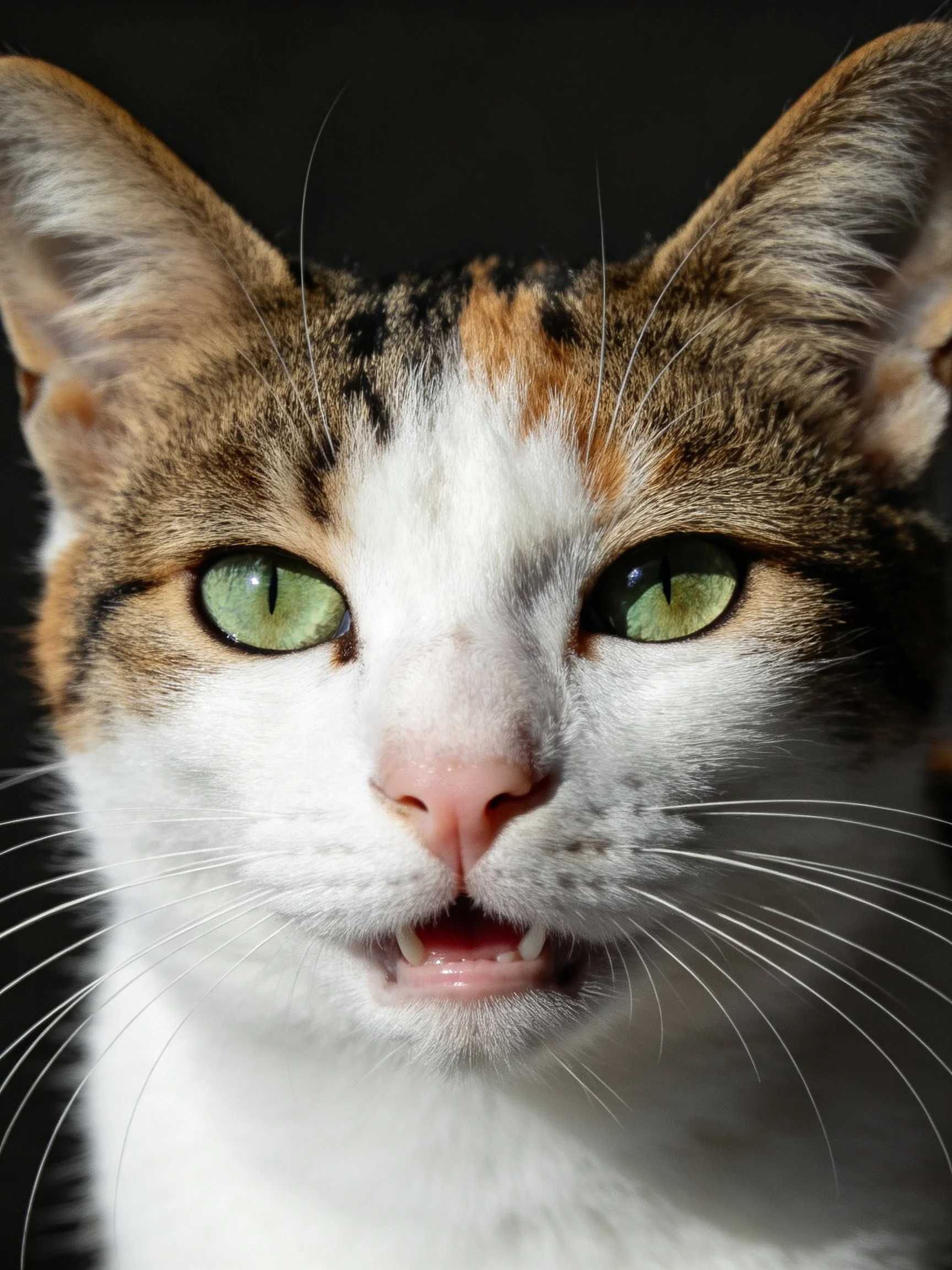 A calico cat with green eyes is shown in a close - up photograph.