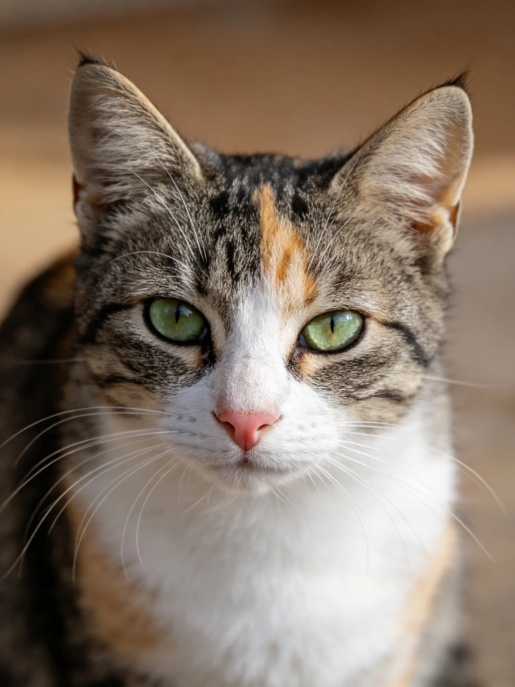 A close-up shows a calico cat with bright green eyes.