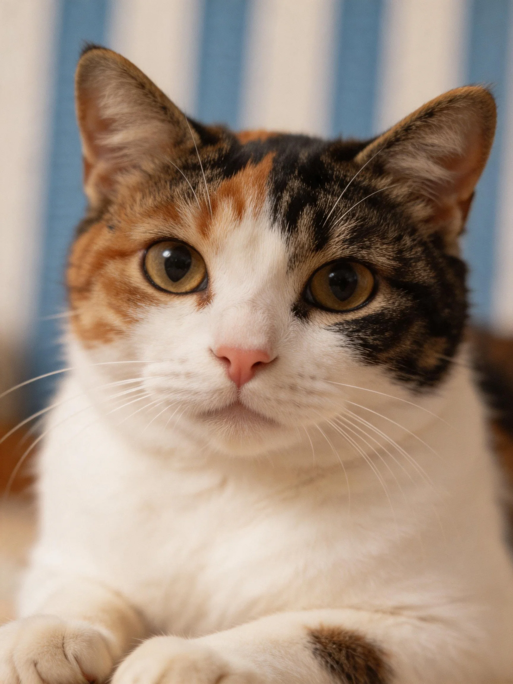 A calico cat with orange, black, and white fur gazes directly at the camera.
