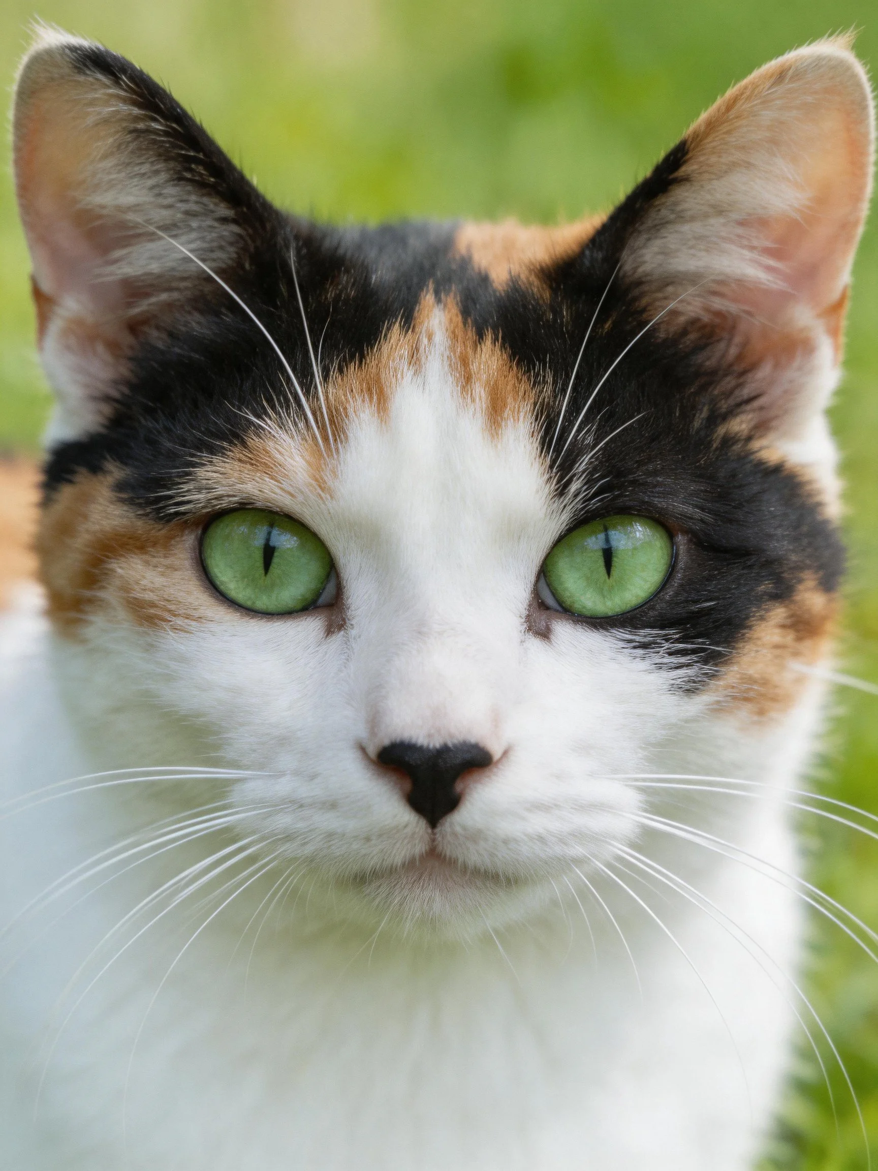 Close-up of a calico cat with vibrant green eyes