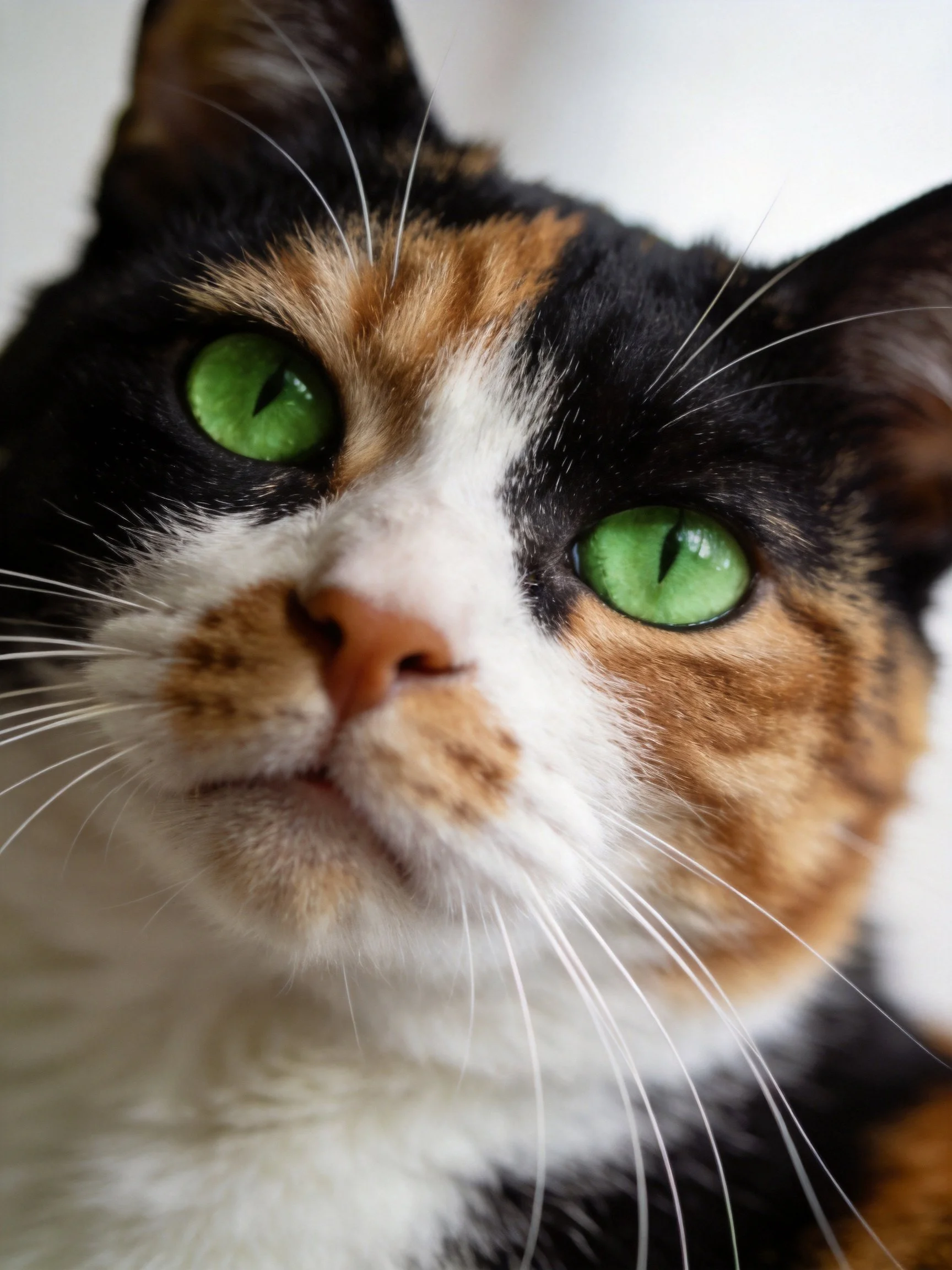 A close-up highlights a calico cat featuring bright green eyes and diverse fur hues.