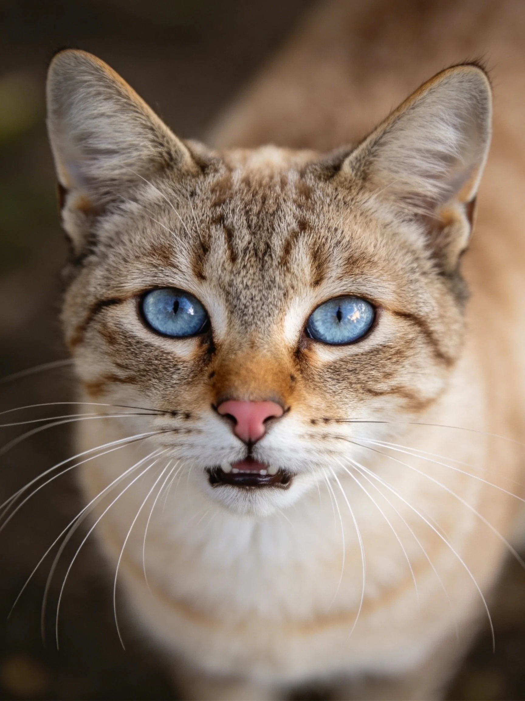A cat with bright blue eyes and brown tabby fur is photographed closely.