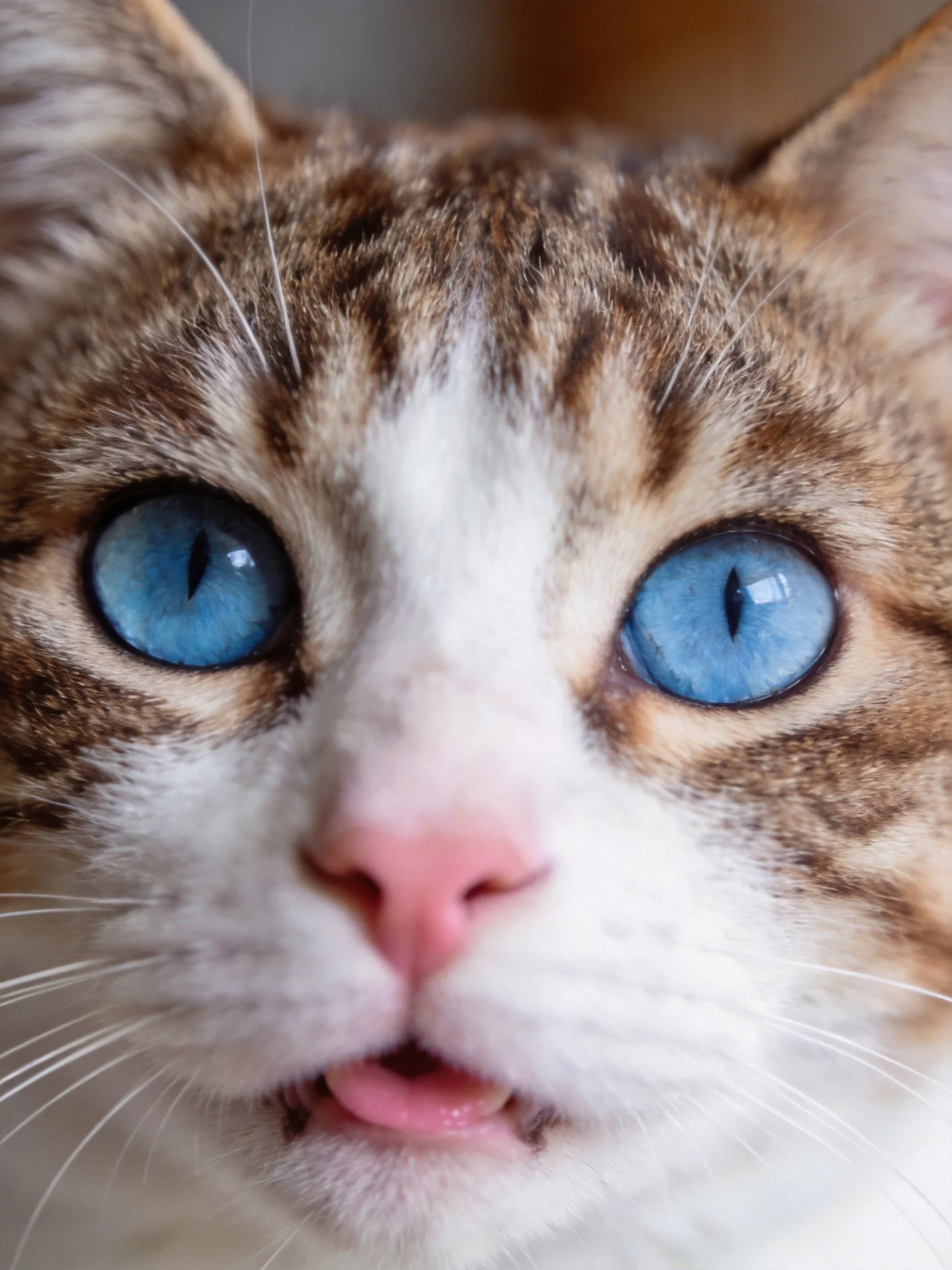 Close - up of a cat with bright blue eyes and brown - white fur