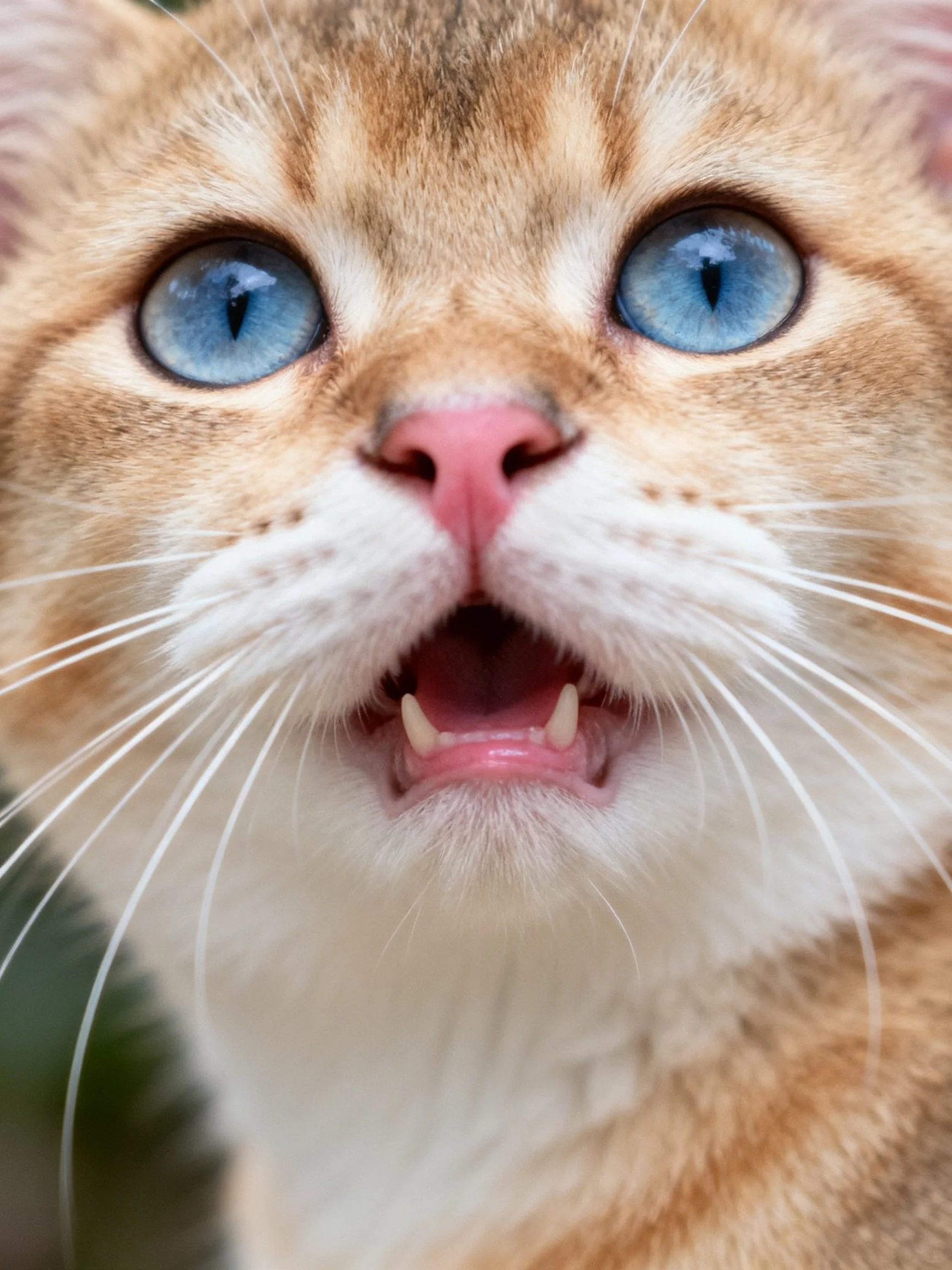 Up-close view of a cat with blue eyes and orange fur, mouth open