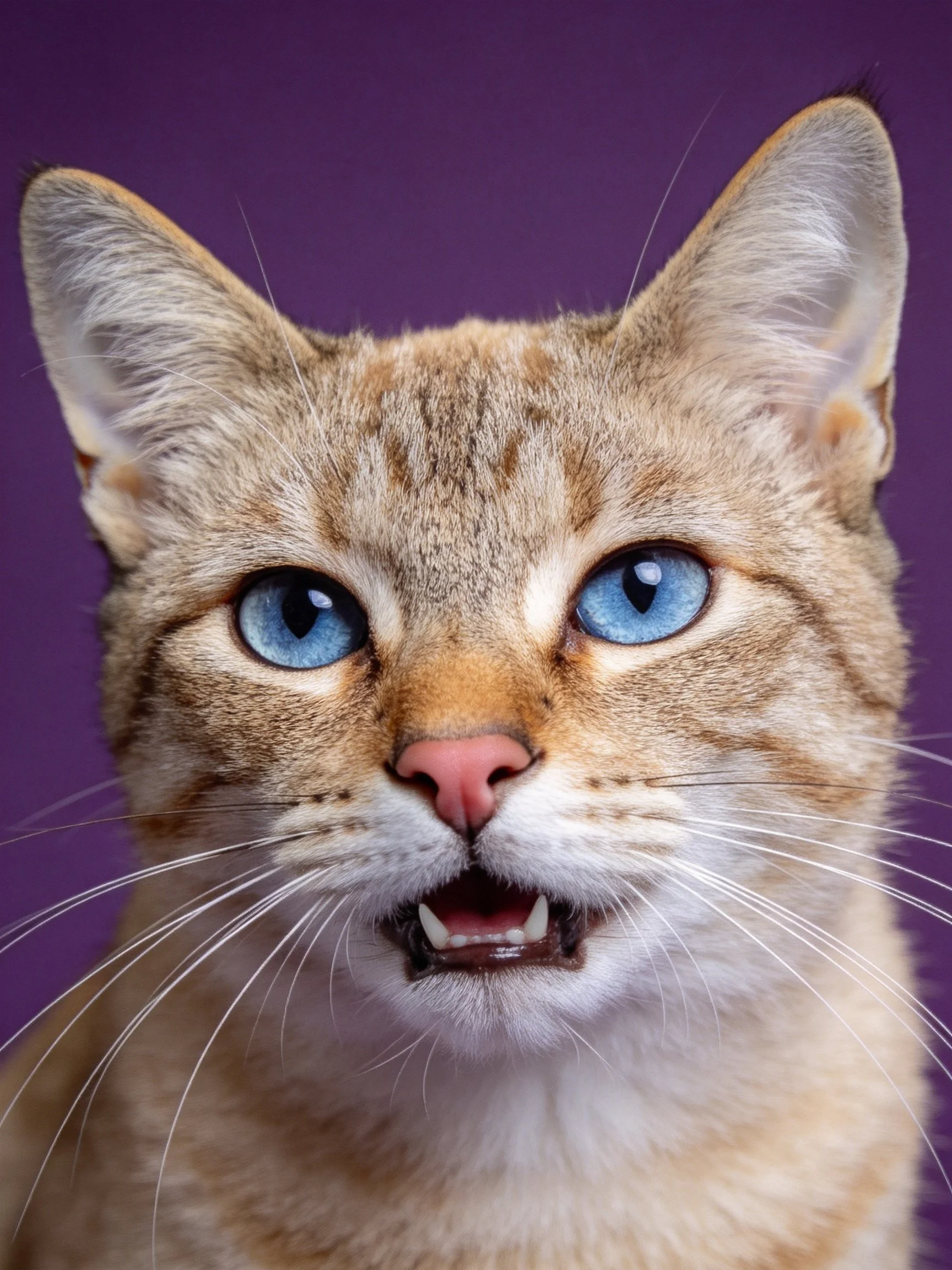 Cat with bright blue eyes and tan fur is photographed up close.