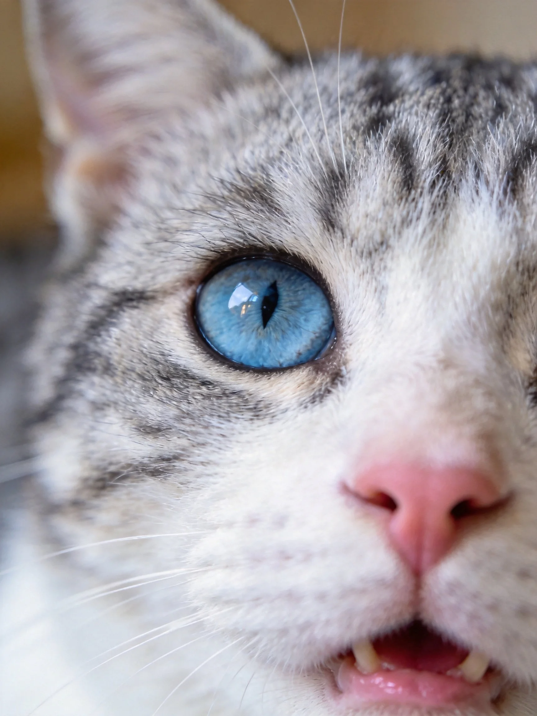 Close-up of a cat with striking blue eye and gray-white fur
