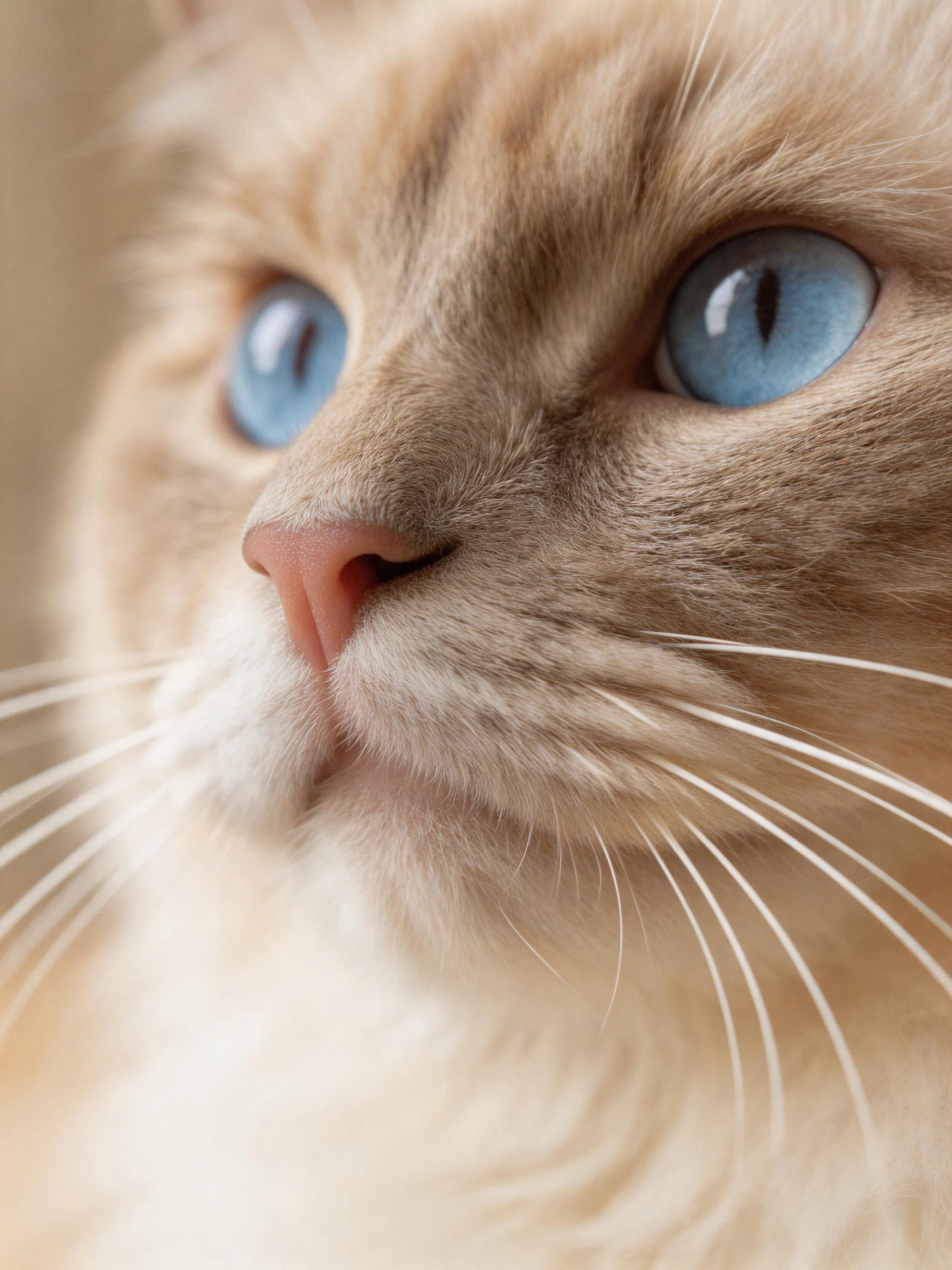 Close-up of a cat with striking blue eyes and soft cream fur
