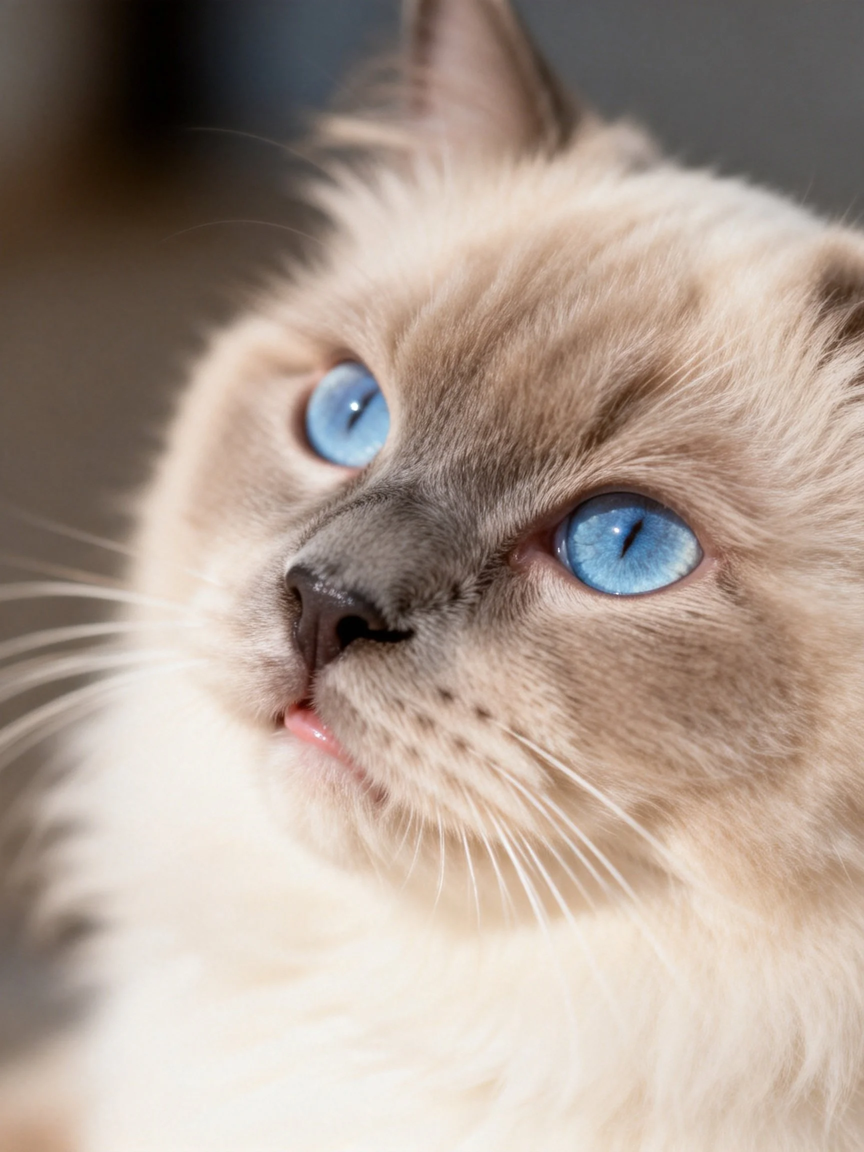 Close - up of a cat with bright blue eyes and cream - colored fur.