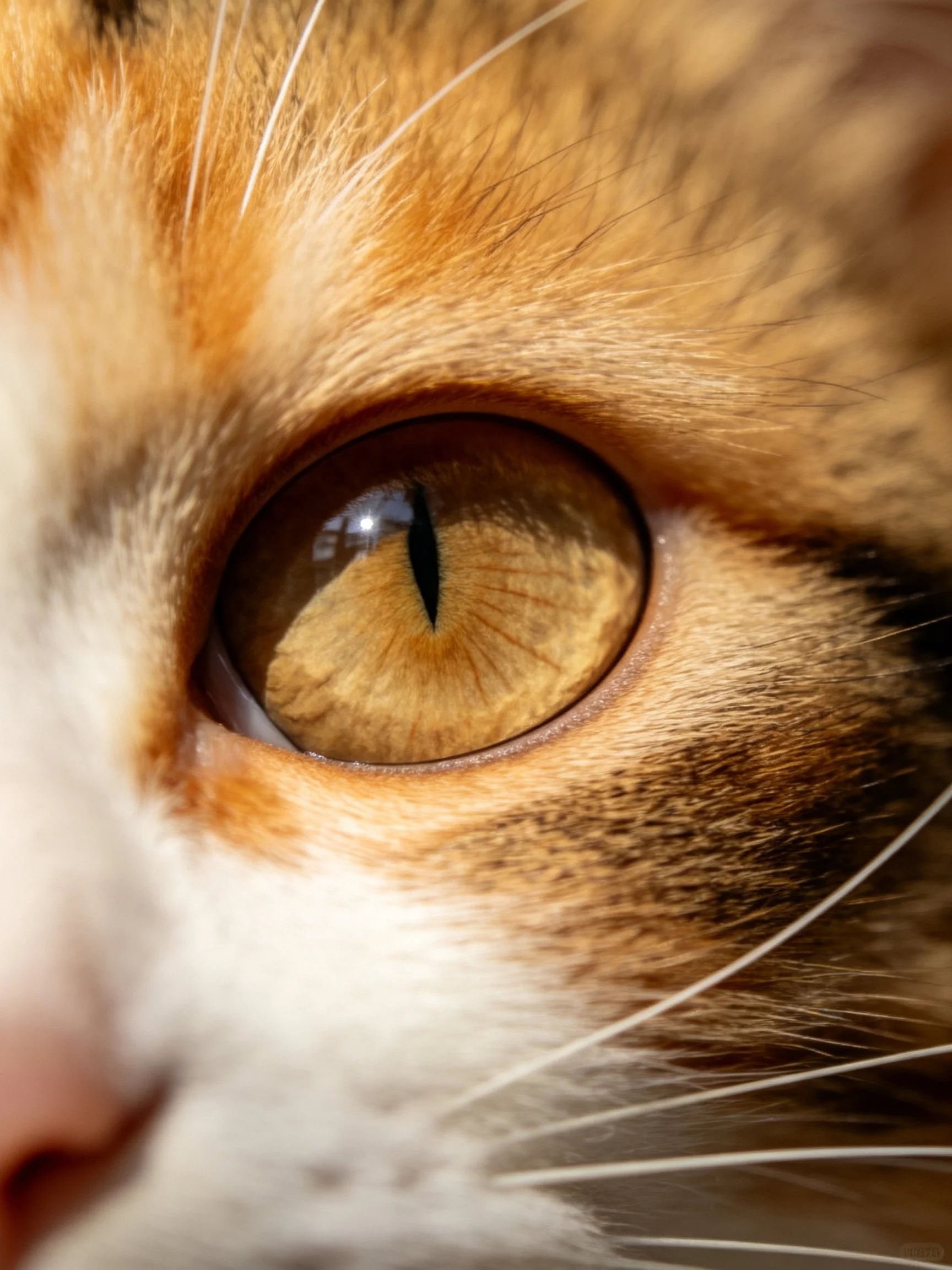 Close-up of a cat’s amber eye with orange and white fur