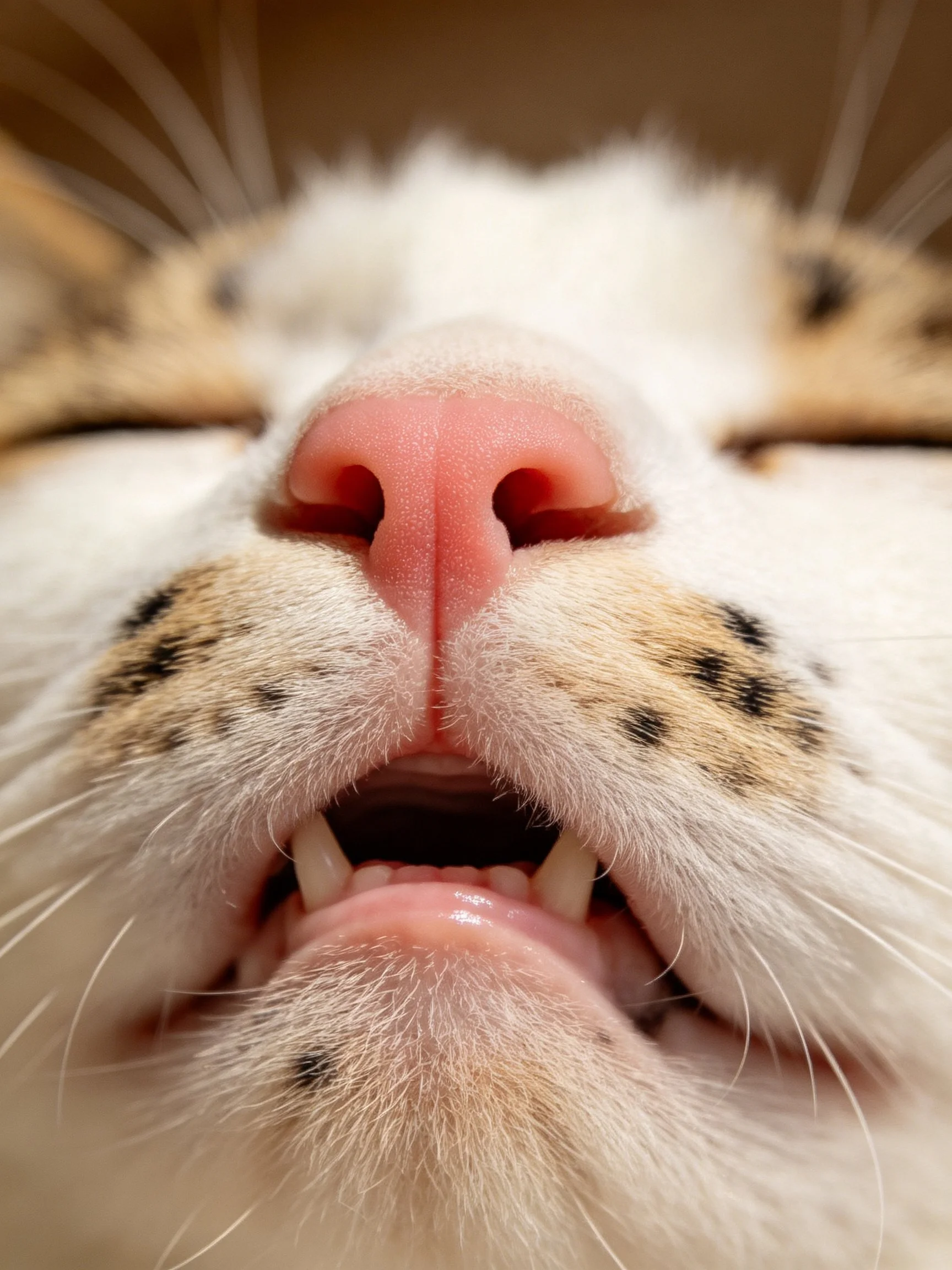 Close - up of a cat’s pink nose, spotted fur, and open mouth