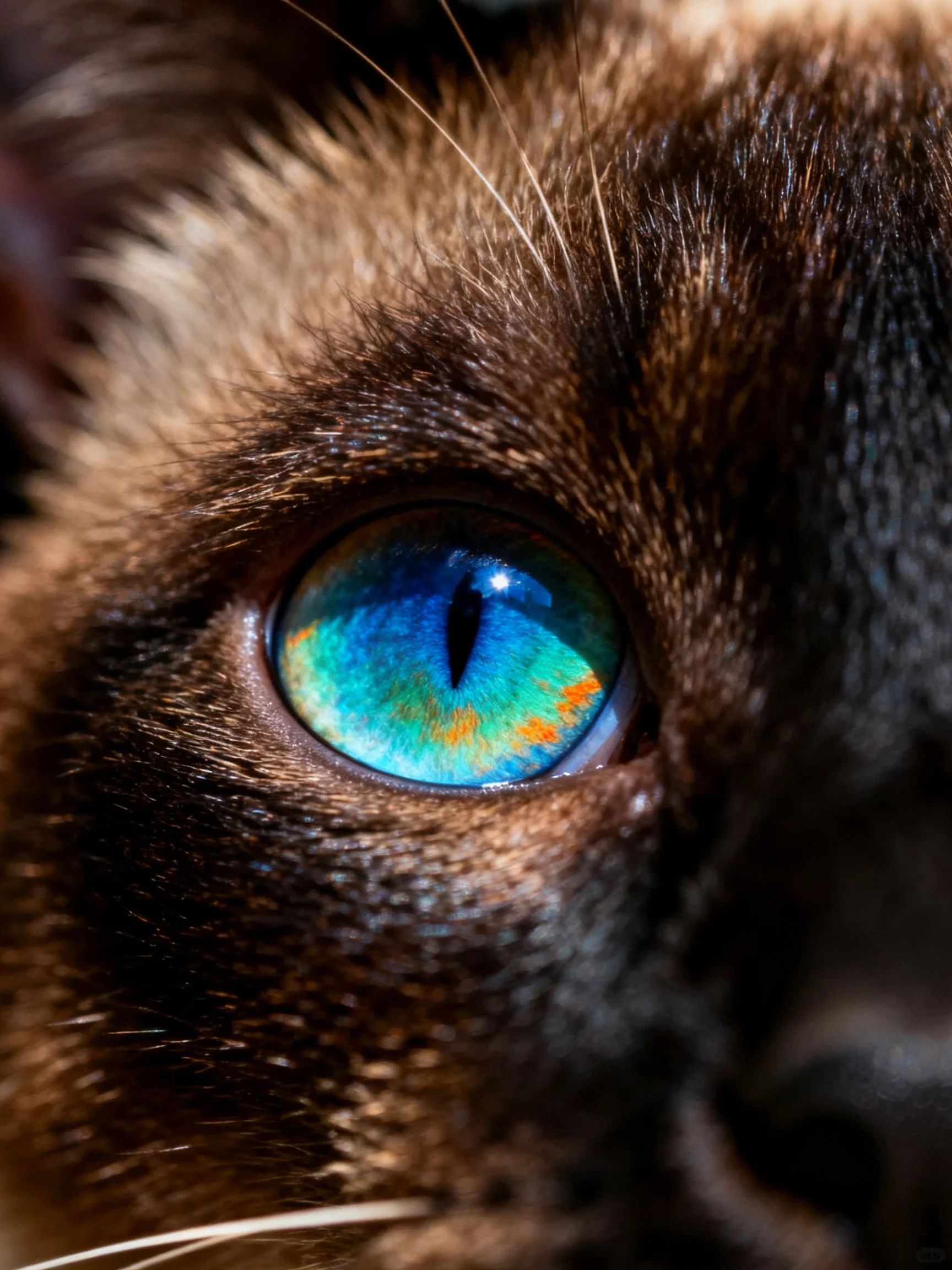 Close- up of a cat’s vivid blue - green eye with dark brown fur
