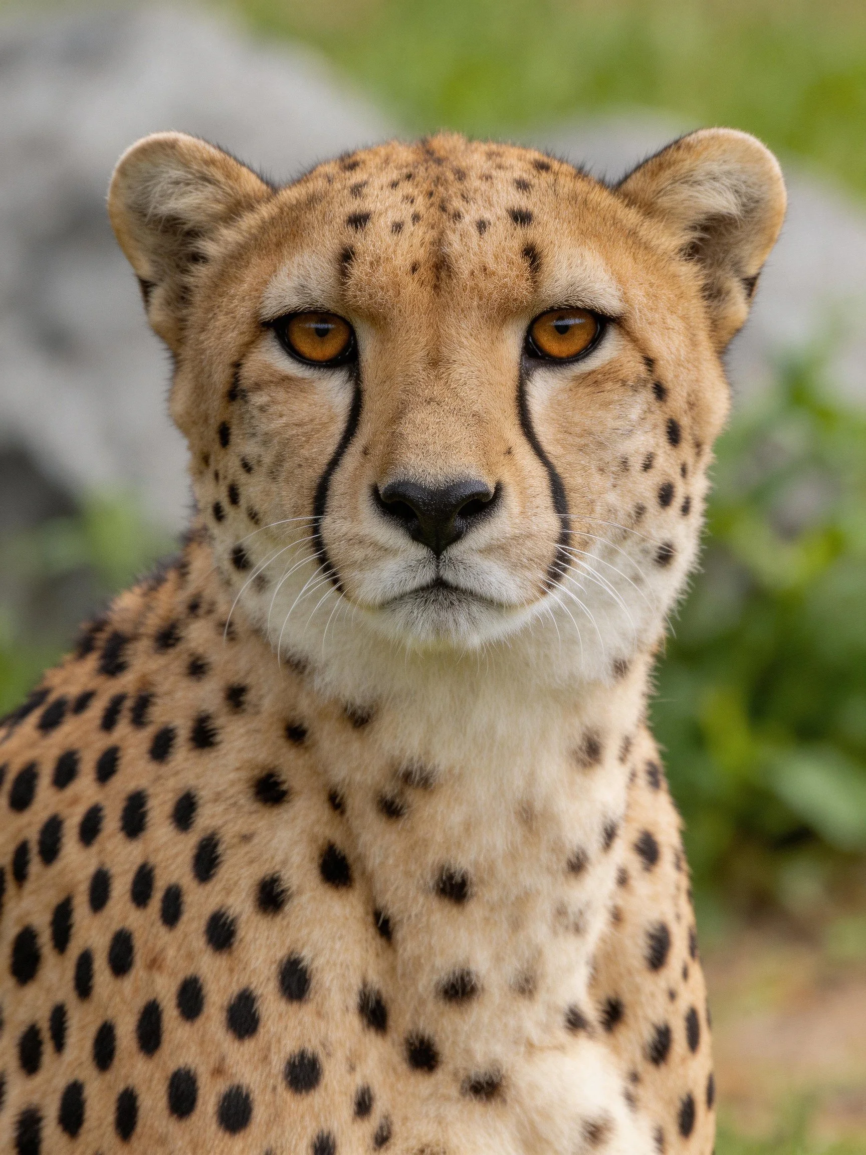 Close - up of a cheetah with black spotted coat and amber eyes