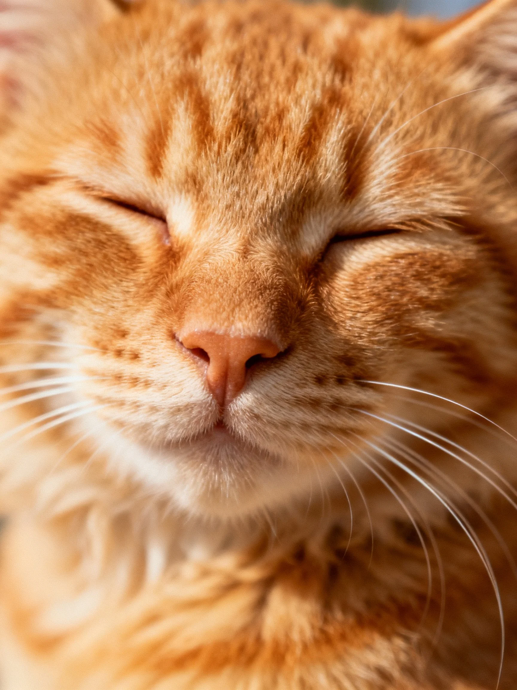 Close-up of a content orange tabby cat with closed eyes