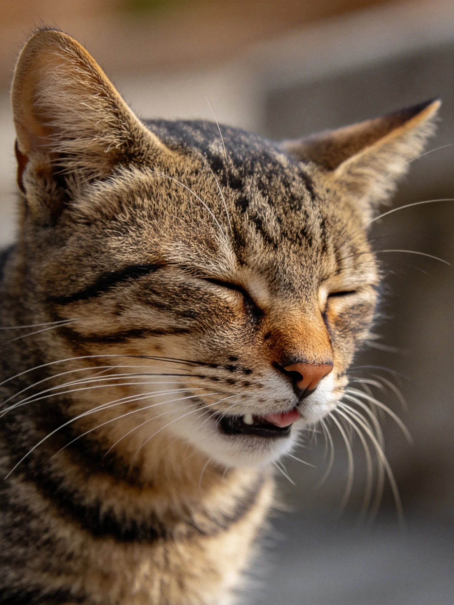 Close-up of a content tabby cat with closed eyes