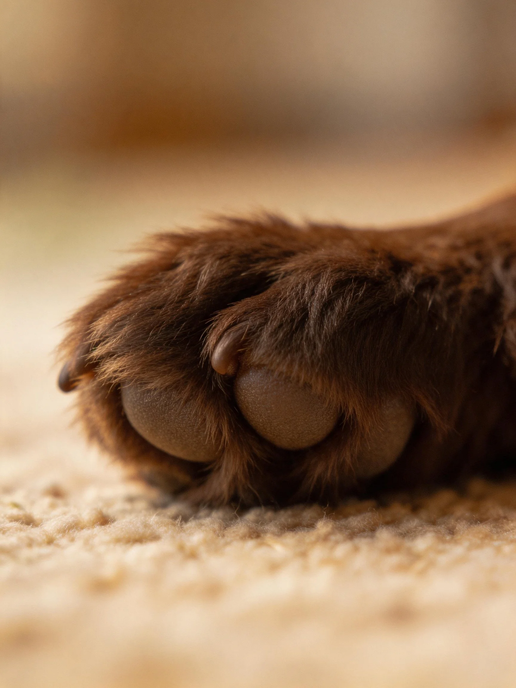A close-up shows a dark brown cat’s paw resting on a beige carpet.