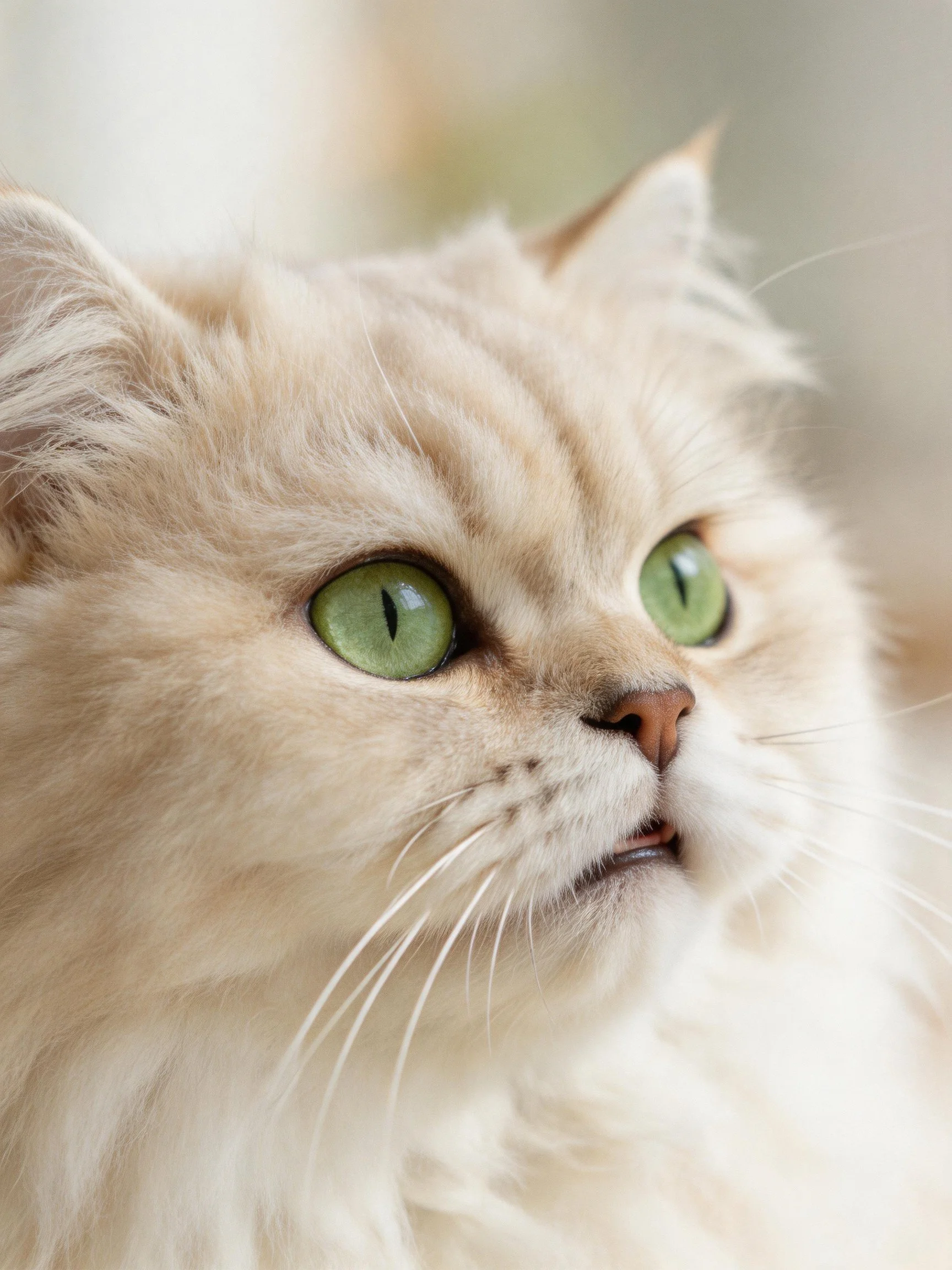 A close-up focuses on a fluffy cream cat with vivid green eyes.
