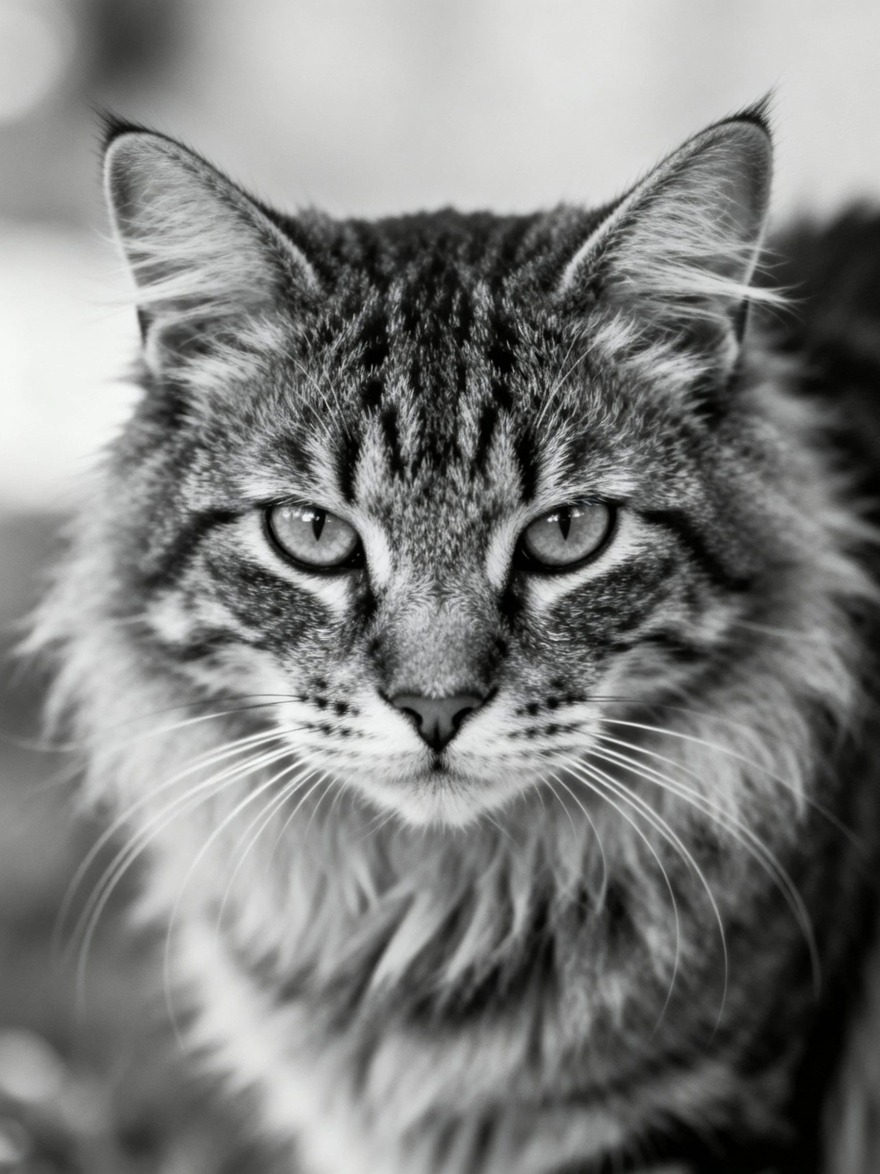 Close - up of a fluffy tabby cat in black and white