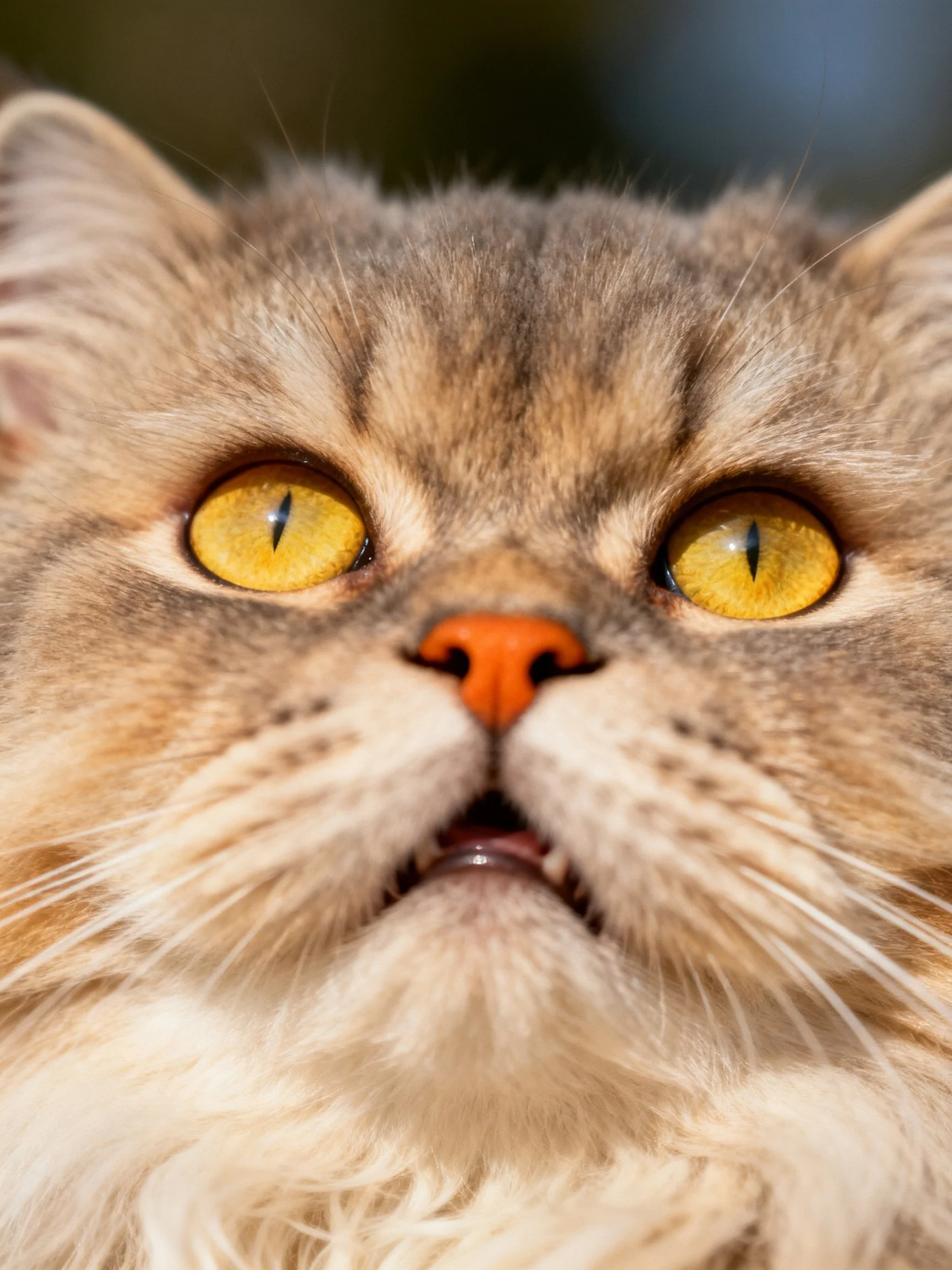 A close - up of a fluffy brown cat with striking yellow eyes.