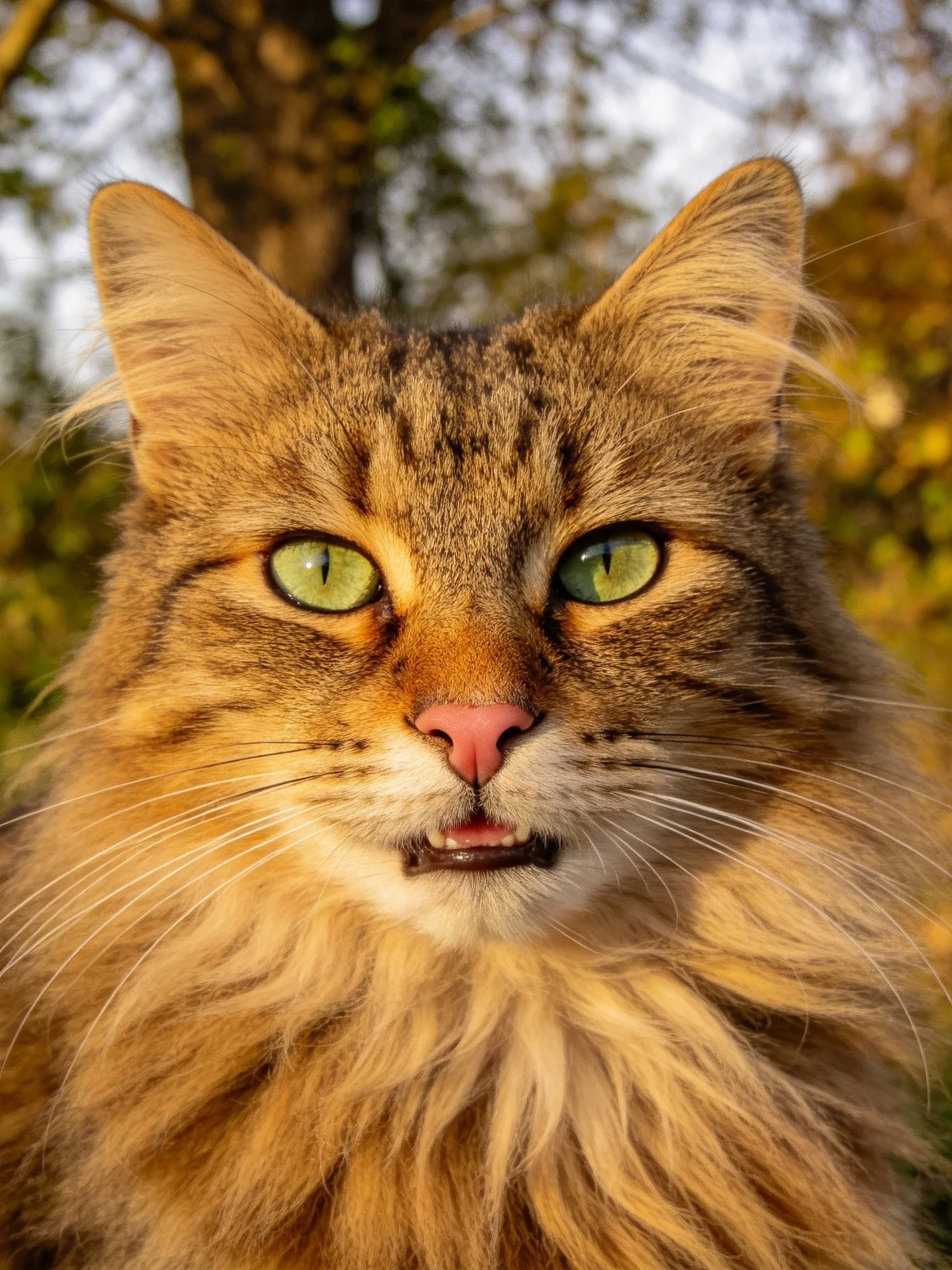 A fluffy tabby cat with green eyes is photographed up close in a natural setting.