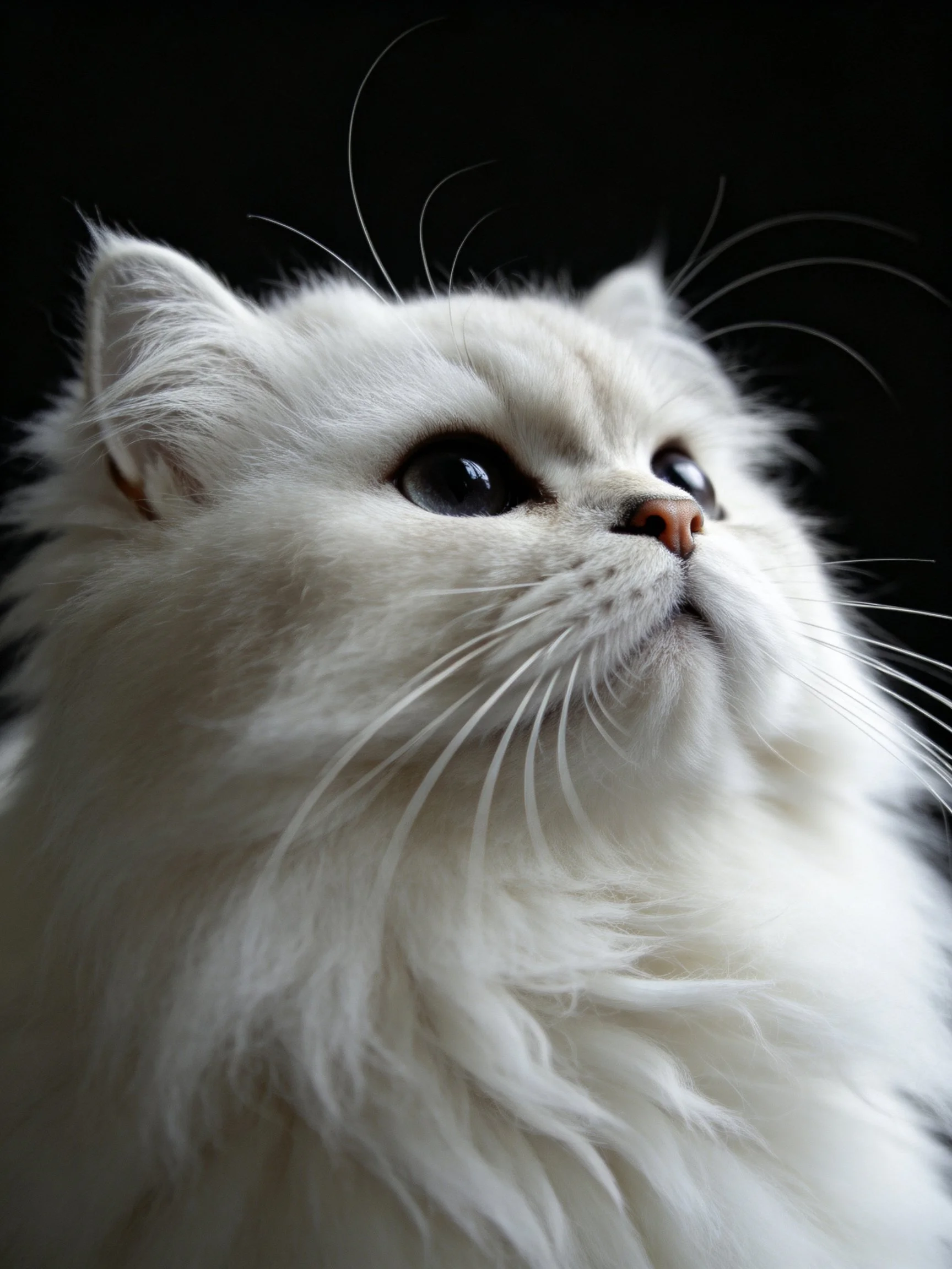 A close - up focuses on a fluffy white cat with dark eyes against a black backdrop.