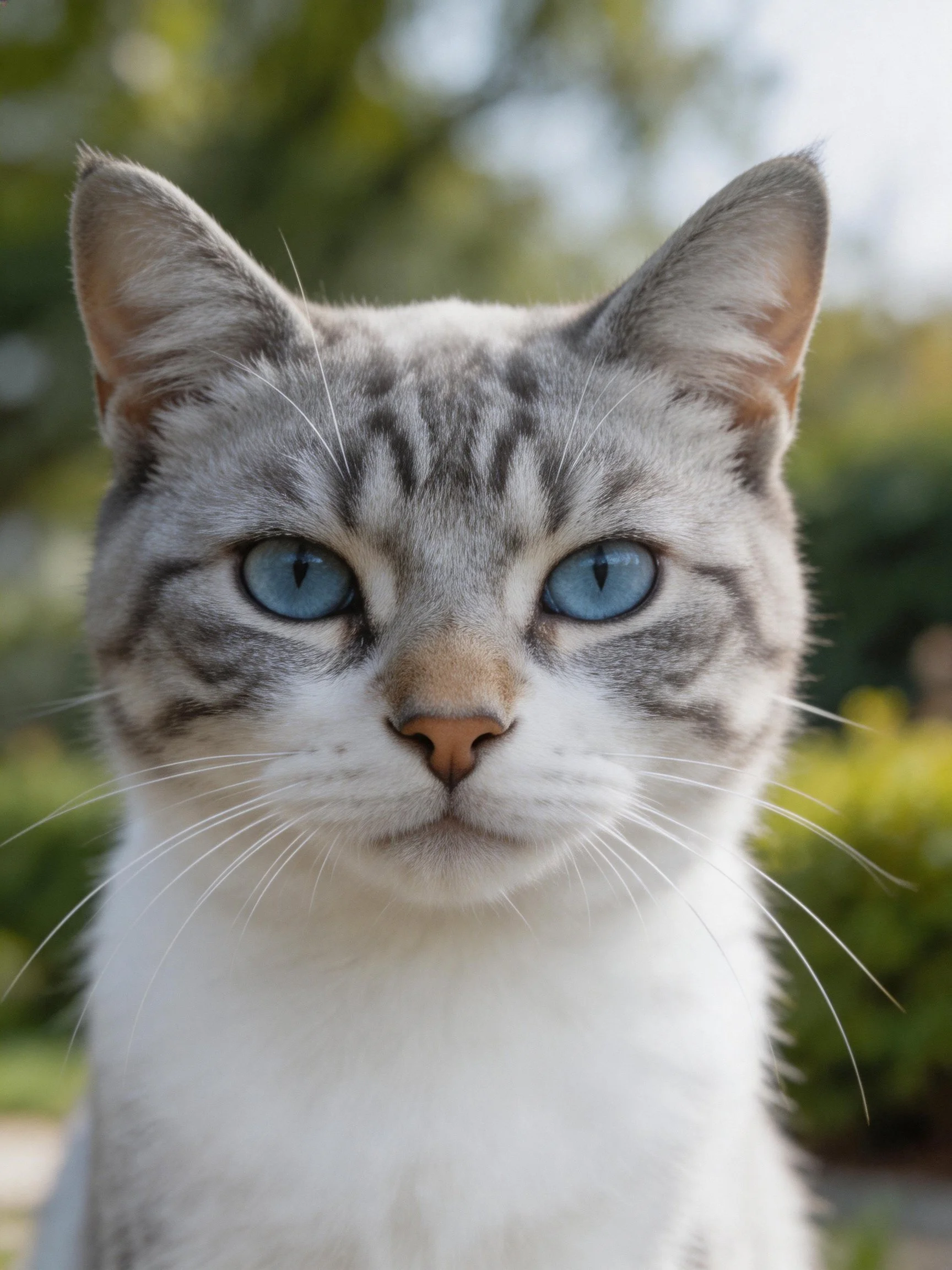 A gray and white cat with vivid blue eyes is photographed outdoors near greenery.