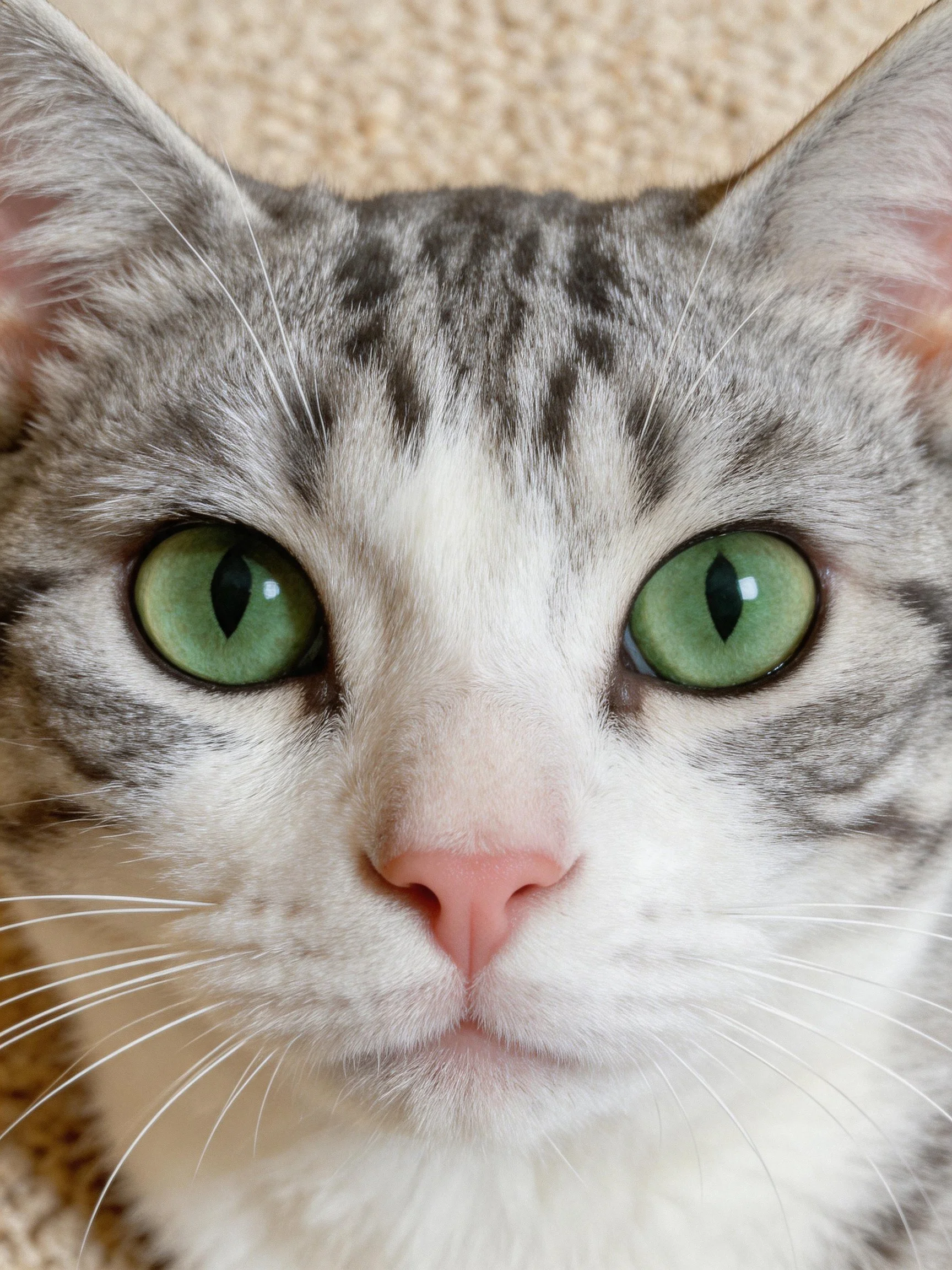 A gray and white cat with bright green eyes is shown in a close-up shot.